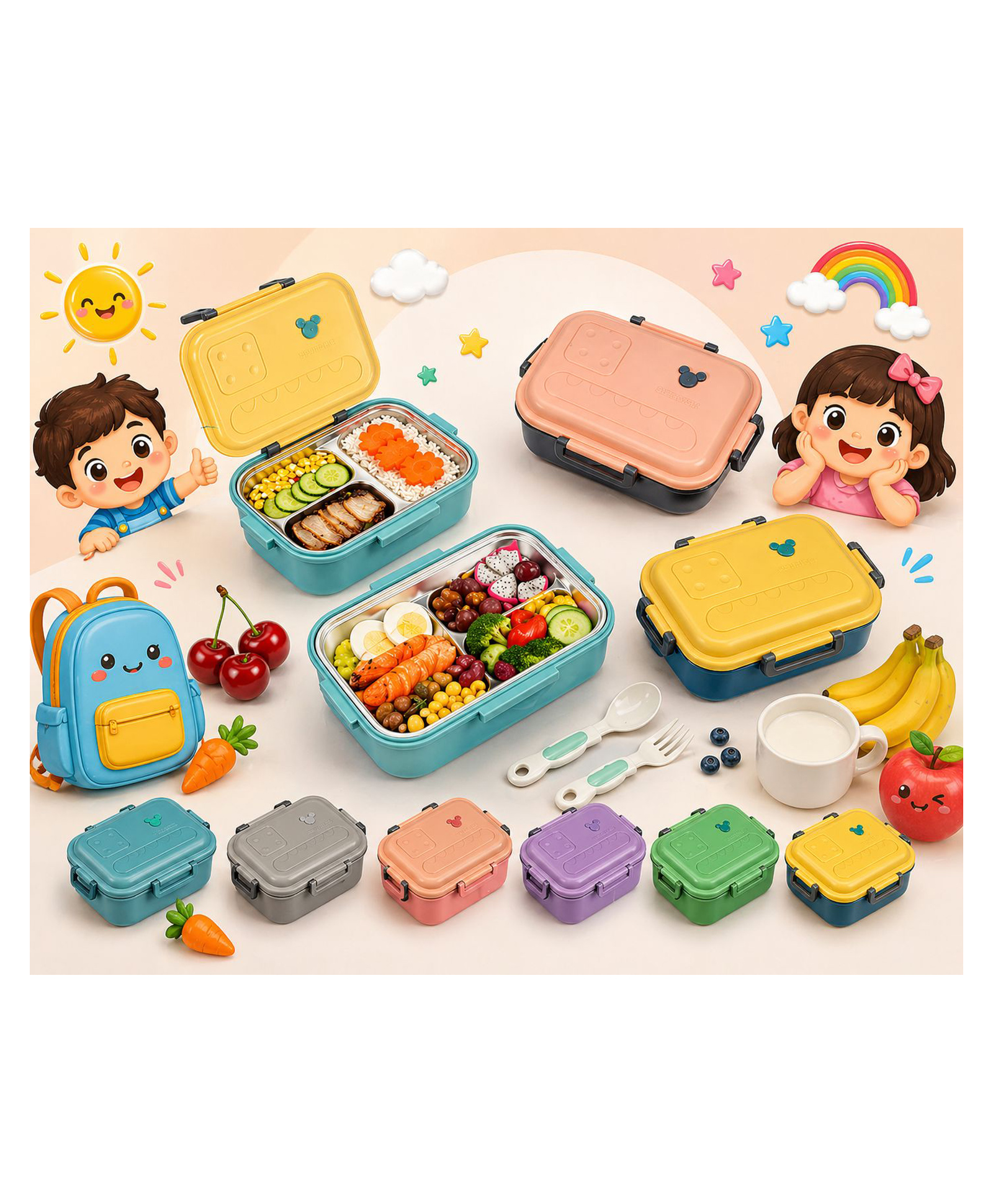 Sanjary Kids Stainless Steel Lunch Box Leakproof Bento Container with Compartments Durable Portable School Meal Storage Box for Children color design may vary-picture-7