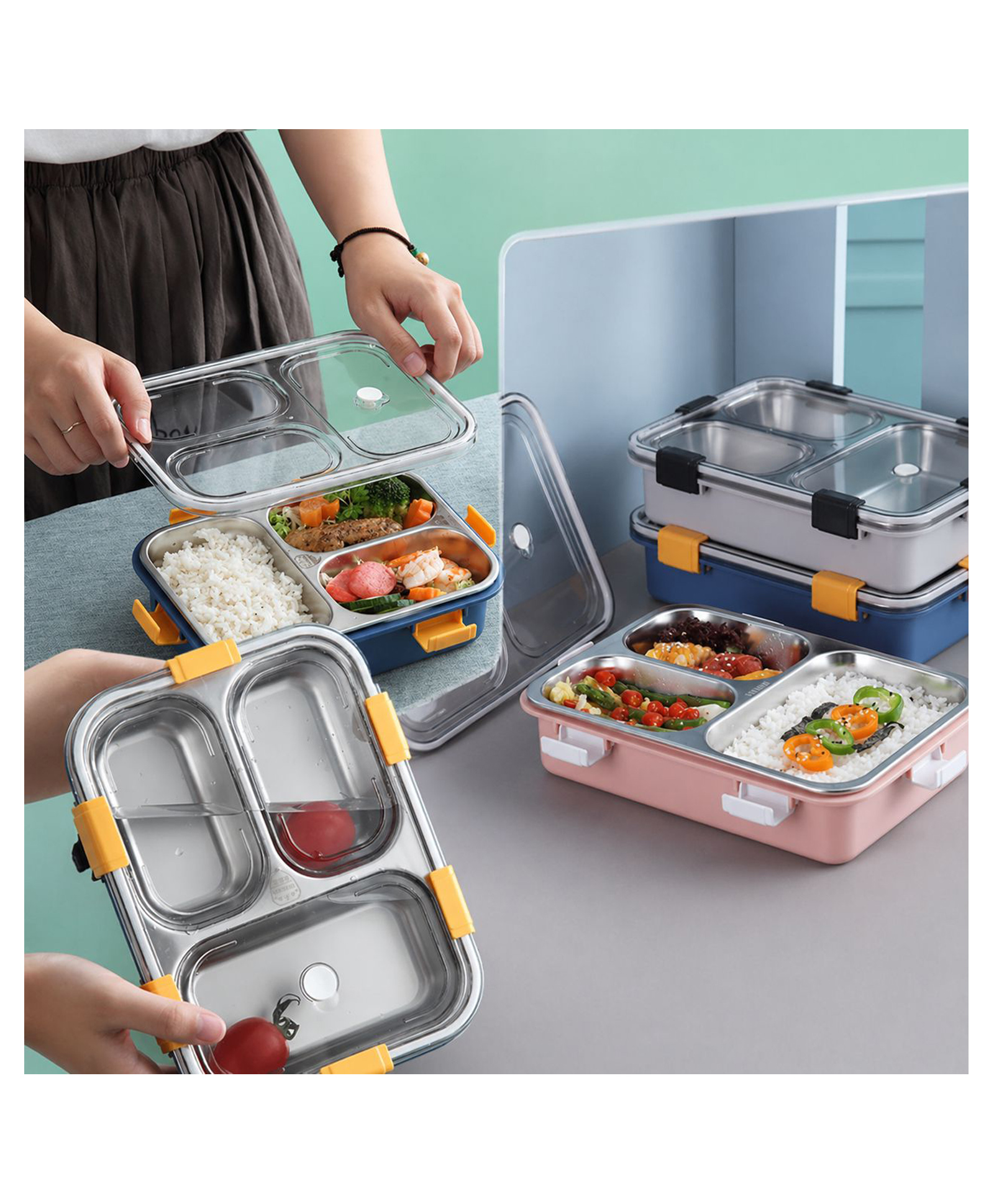Sanjary Stainless Steel Bento Lunch Box 3 Compartment Leakproof Food Container with Lid Portable School Meal Storage Box for Kids Adults Use color design may vary-picture-34