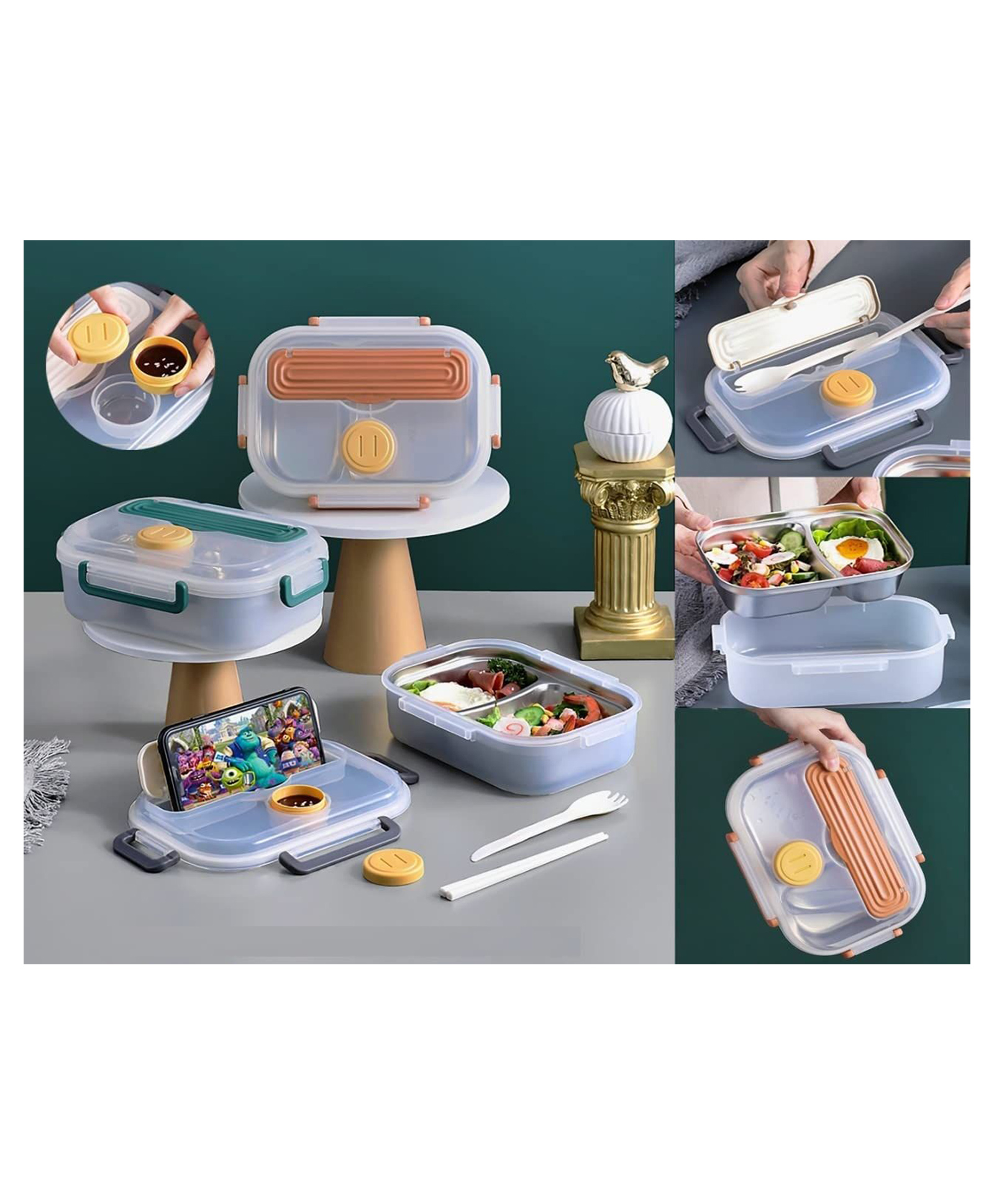 Sanjary Leakproof Bento Lunch Box with Sauce Container, Stainless Steel Tray, Microwave Safe, Portable Food Storage Organizer for School, Office, Travel Meals color design may vary-picture-2