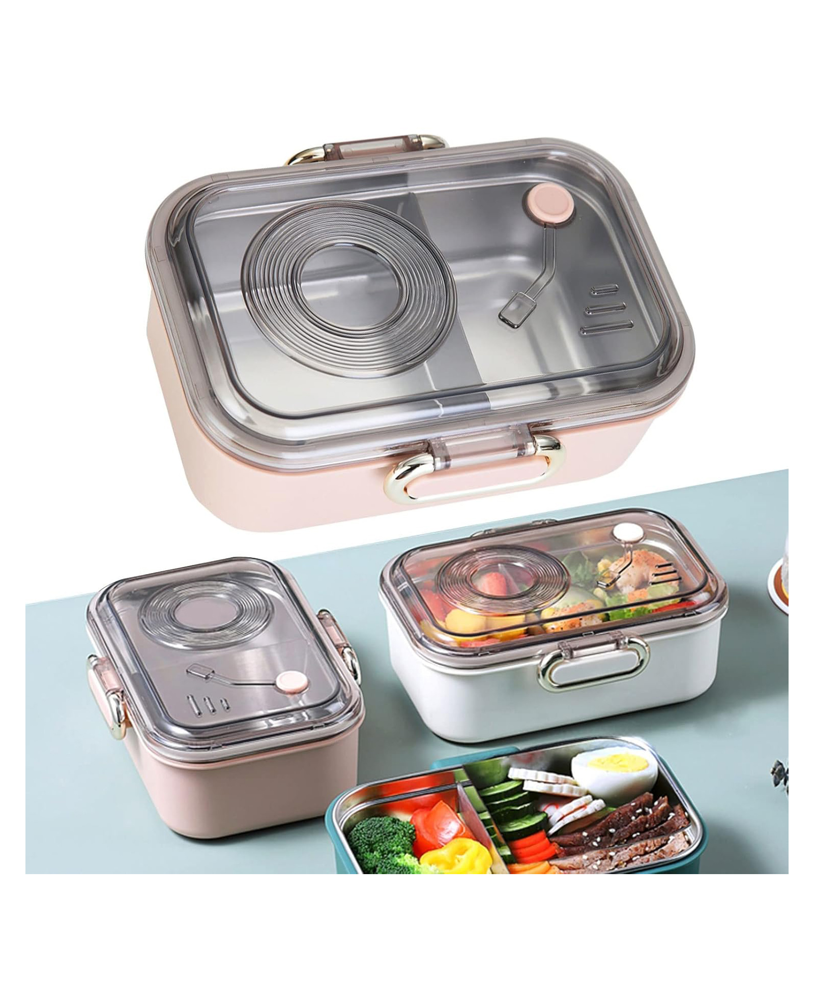 Sanjary 950ml Leakproof Bento Lunch Box with Stainless Steel Compartments, Microwave Safe, Portable Food Container for Kids Adults School Office Travel Meals color design may vary-picture-25