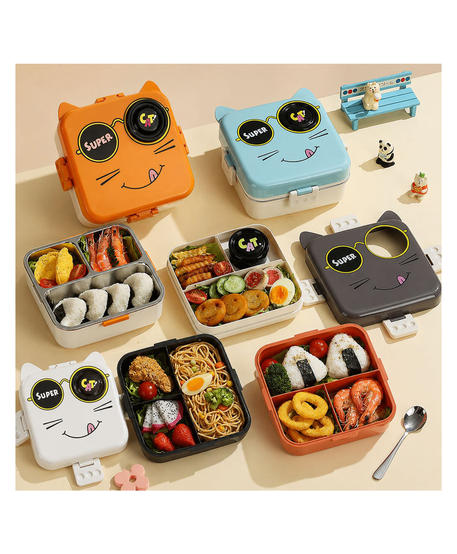 Sanjary Cute Cat Lunch Box with Stainless Steel Compartments, Leakproof Portable Food Container for Kids, School Snacks Organizer, Durable BPA Free Meal Box color design may vary-image-24