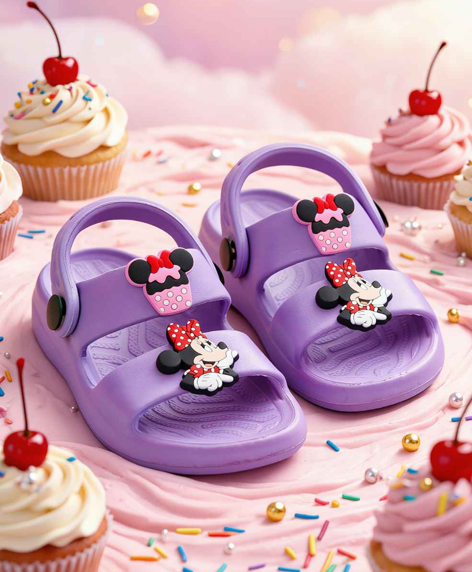 Yellow Bee Disney Mickey & Friends Featuring Minnie Mouse & Cup Cake Applique Detailed Slingback Clogs - Purple-image-2