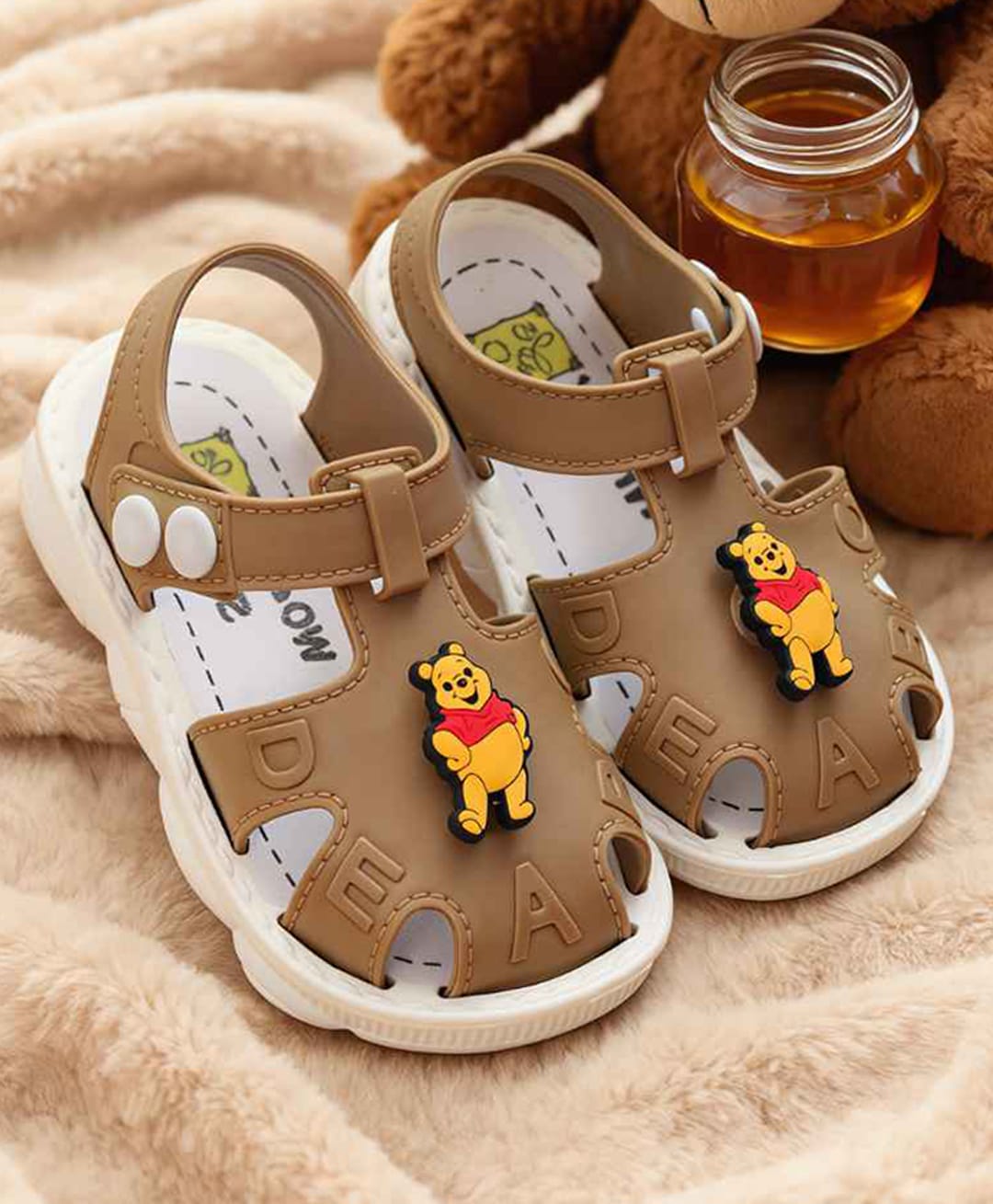 Yellow Bee Disney Featuring Winnie The Pooh Applique Detailed Button Closure Sandals - Brown-image-3