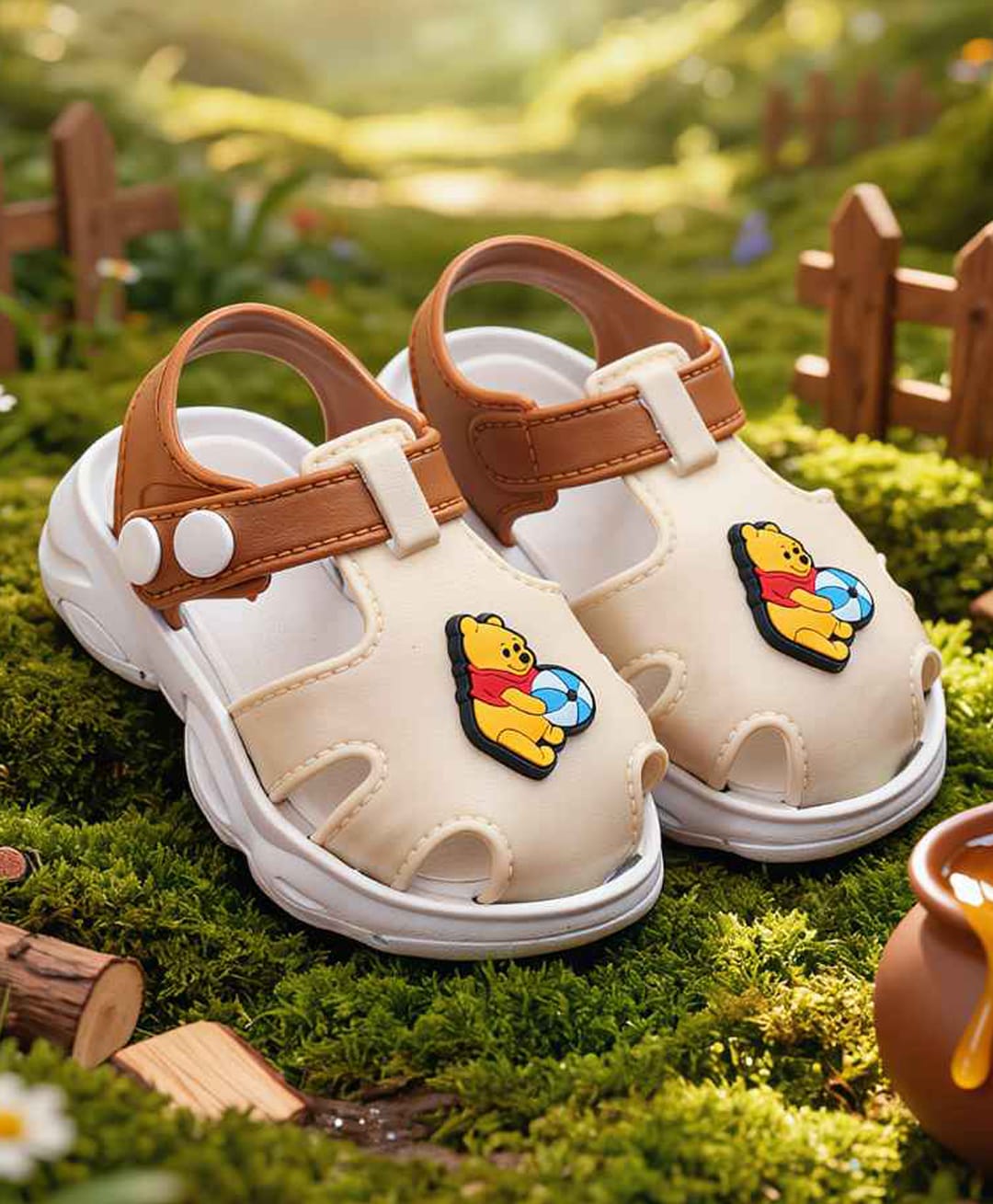 Yellow Bee Disney Featuring Winnie The Pooh Applique Detailed Button Closure Sandals - Beige-picture-2