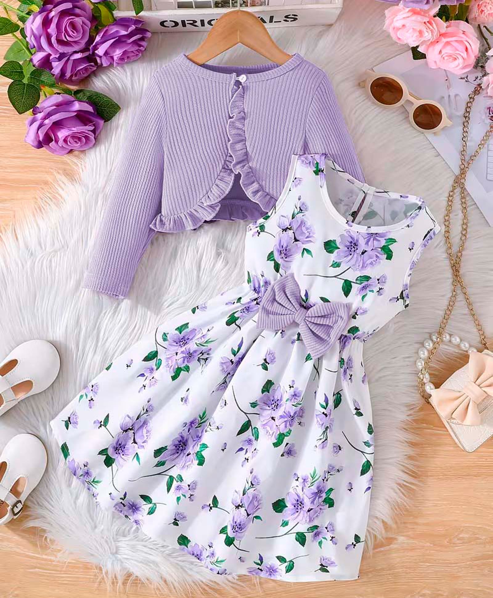 Bolly Lounge Cotton Woven Bow Applique Detailed Floral Printed Dress With Full Sleeves Shrug - Lavender-image-2