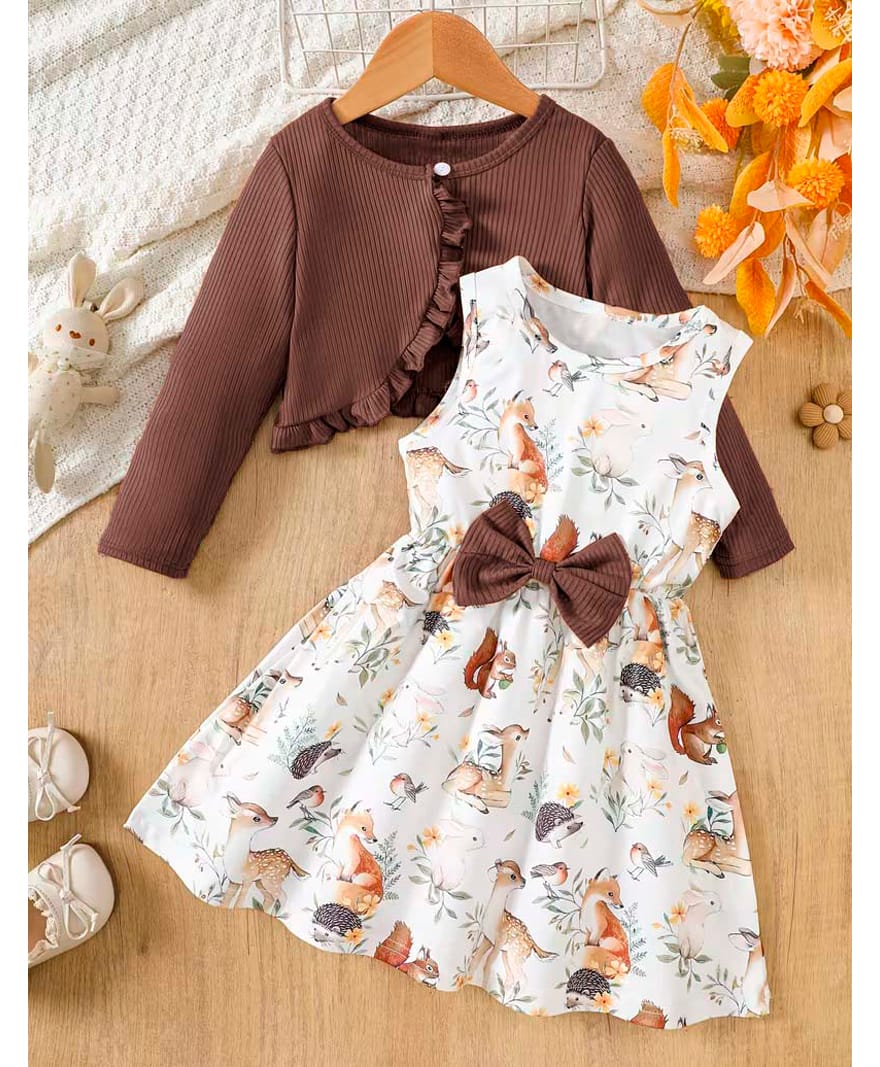 Bolly Lounge Cotton Blend Knit Animals Printed Dress With Full Sleeves Shrug - Brown-image-48