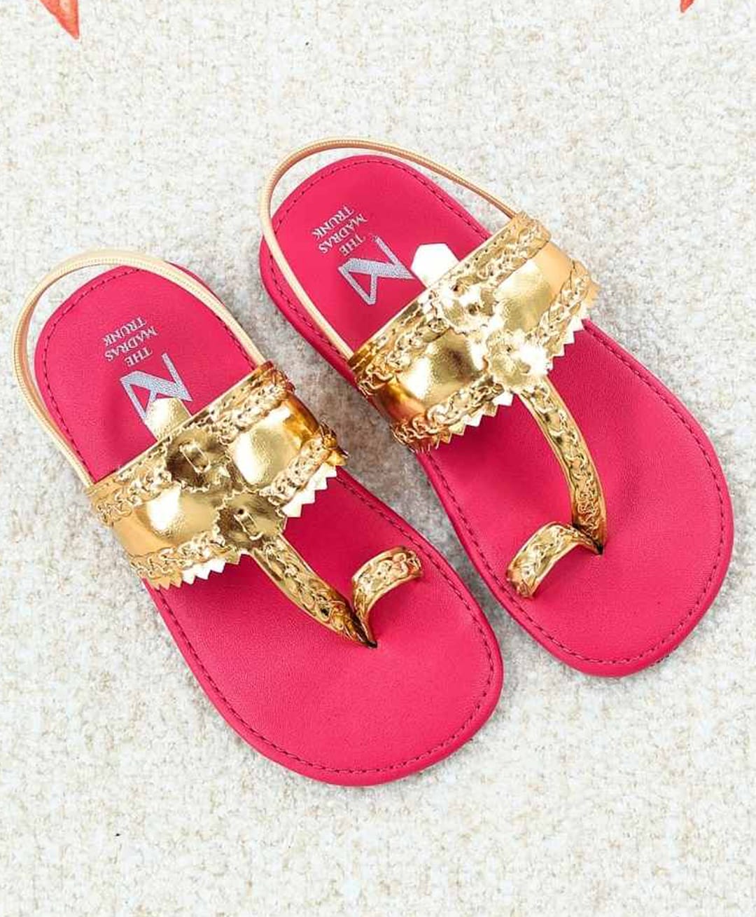 The Madras Trunk Metallic Finish Colour Blocked Slingback Kolhapuri Sandals - Pink & Gold-picture-20