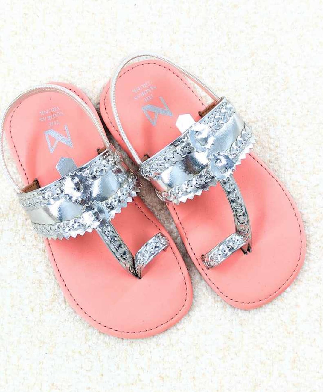 The Madras Trunk Metallic Finish Colour Blocked Slingback Kolhapuri Sandals - Peach & Silver-picture-28