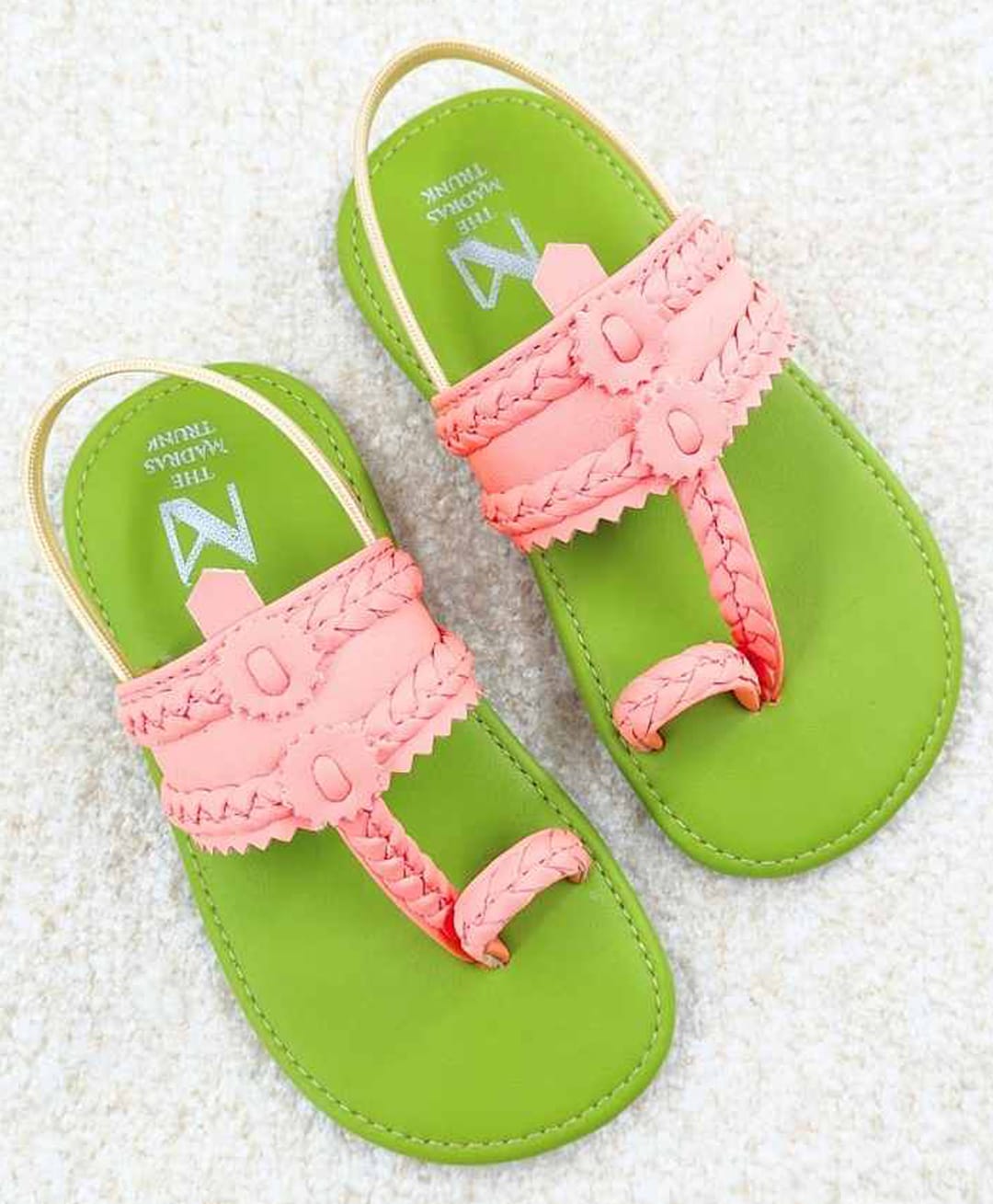 The Madras Trunk Colour Blocked Slingback Kolhapuri Sandals - Green & Peach-image-39