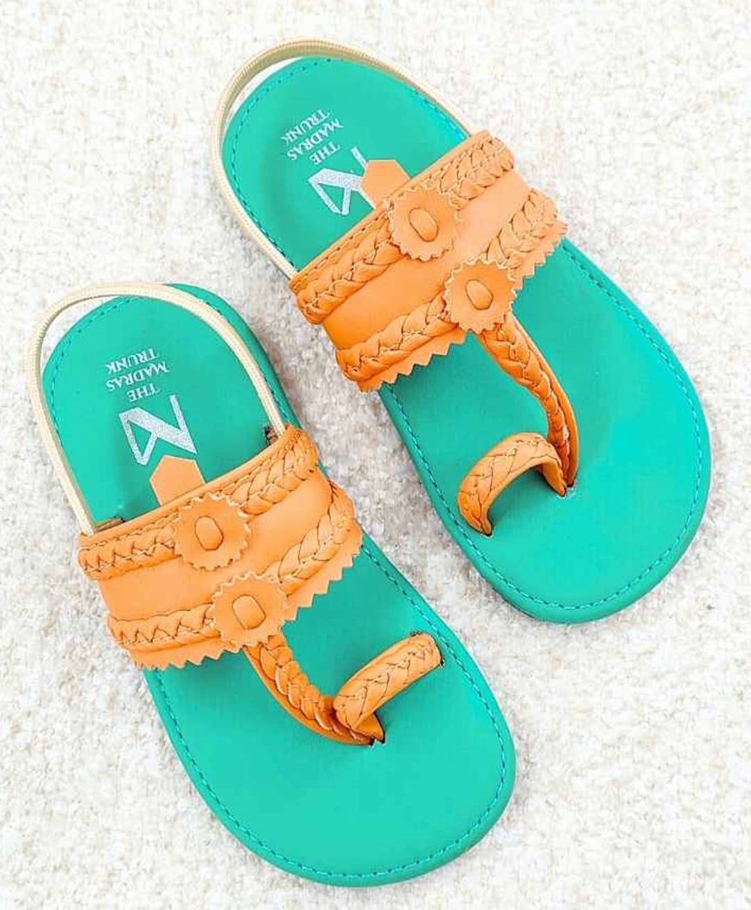 The Madras Trunk Colour Blocked Slingback Kolhapuri Sandals - Mint & Orange-picture-24