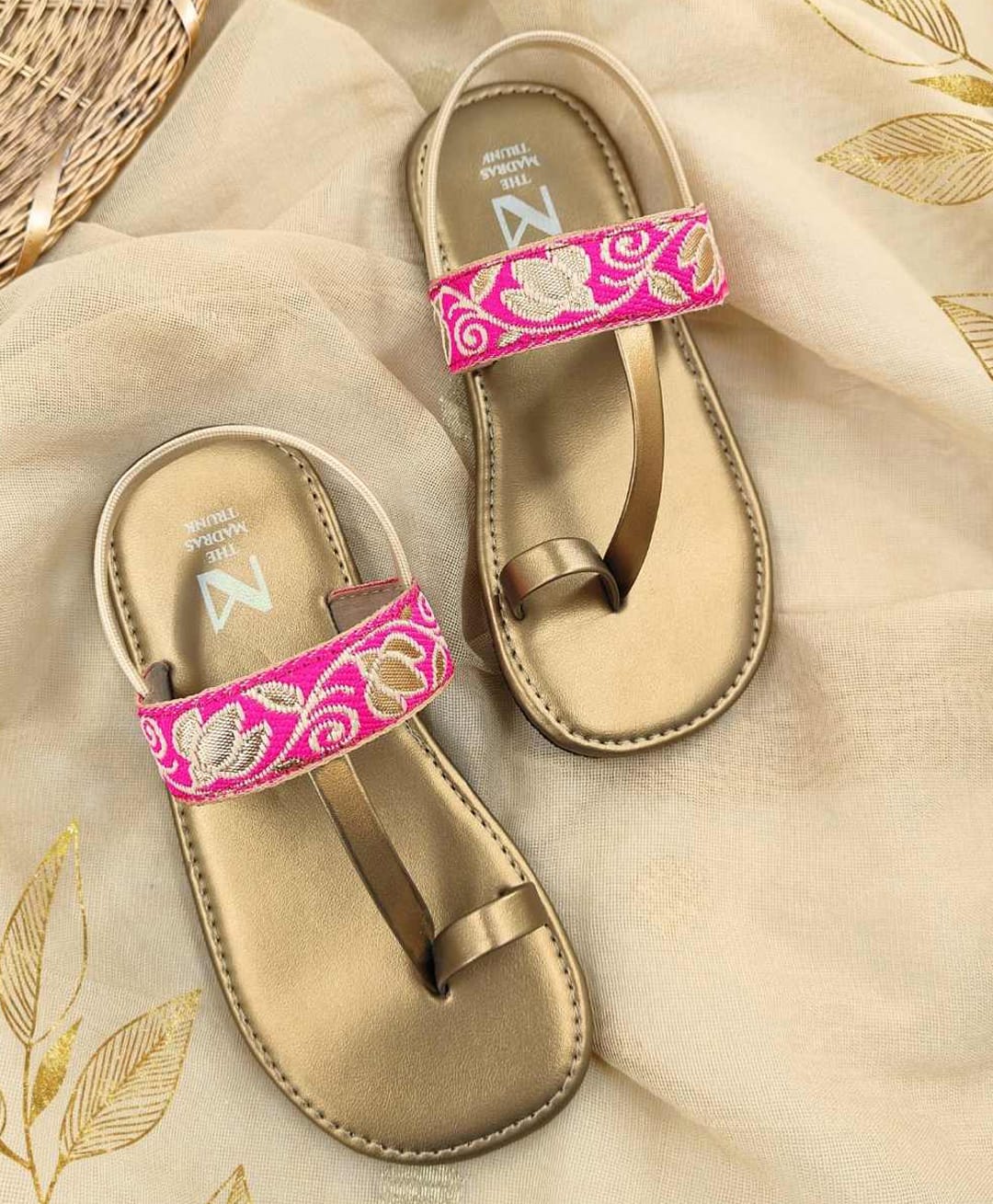The Madras Trunk Floral Embroidered Kolhapuri Sandals - Antique & Pink-image-28