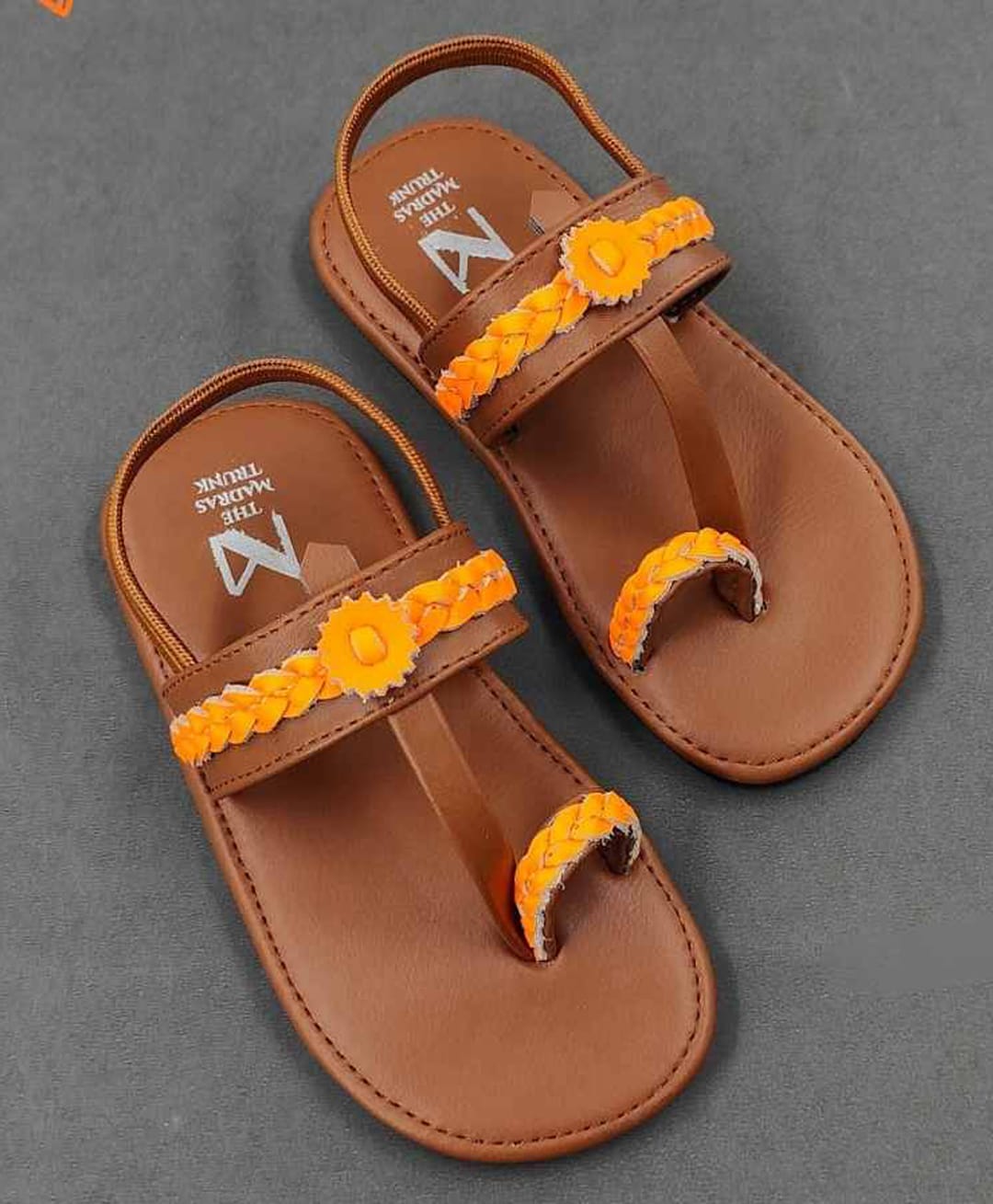 The Madras Trunk Colour Blocked Braid Detailed Slingback Kolhapuri Sandals - Tan & Orange-picture-35