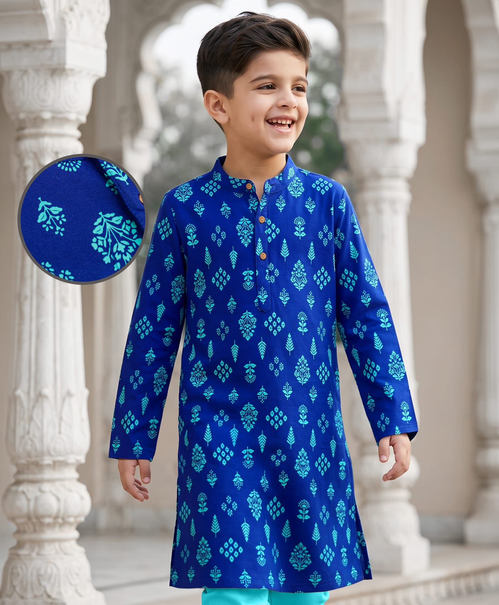 EARTHY TOUCH 100% Cotton Knit Full Sleeves Floral Printed Kurta - Blue-image-21