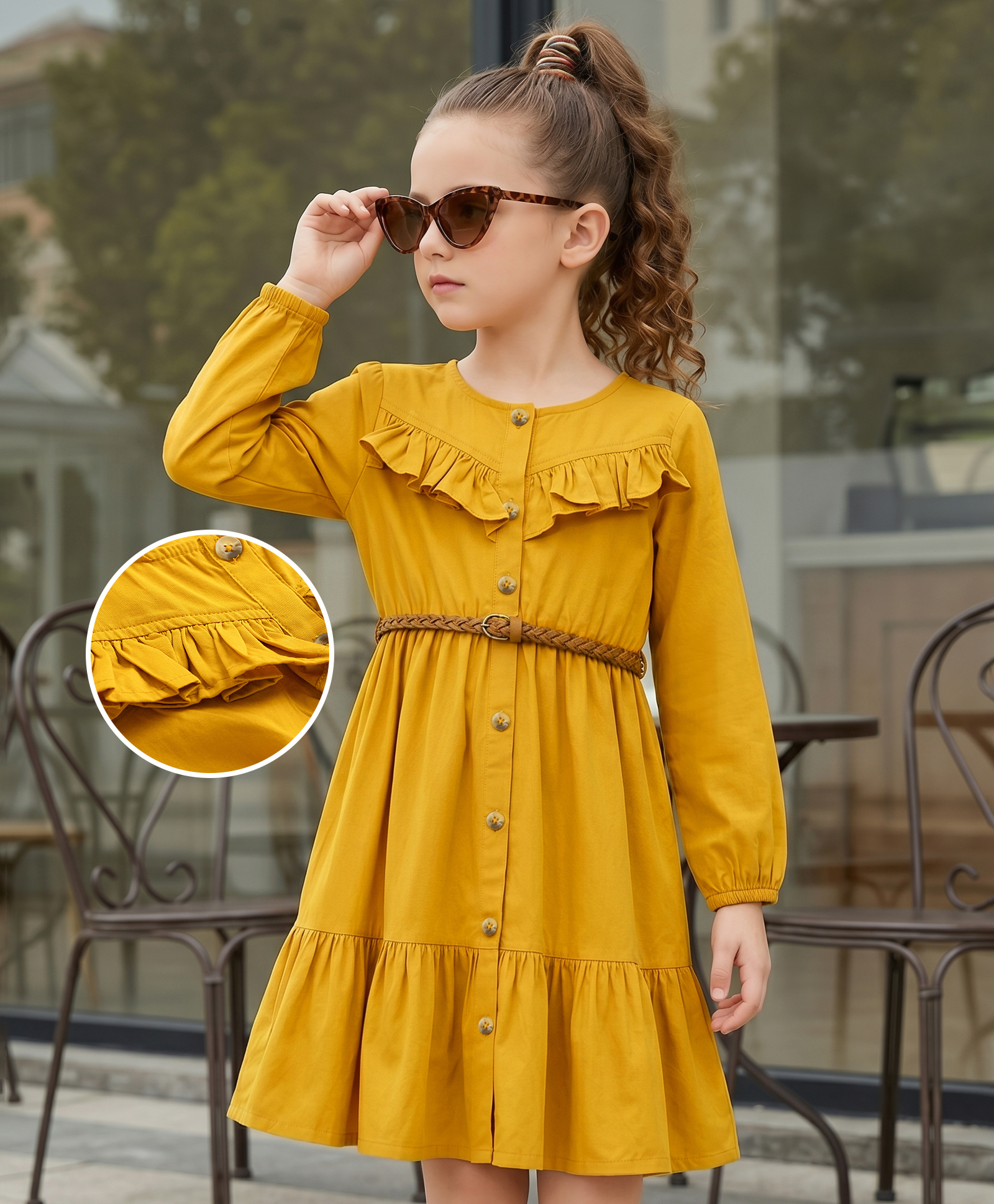 Hola Bonita Cotton Woven Full Sleeves Knee Length Solid Dress With Belt- Mustard-image-17