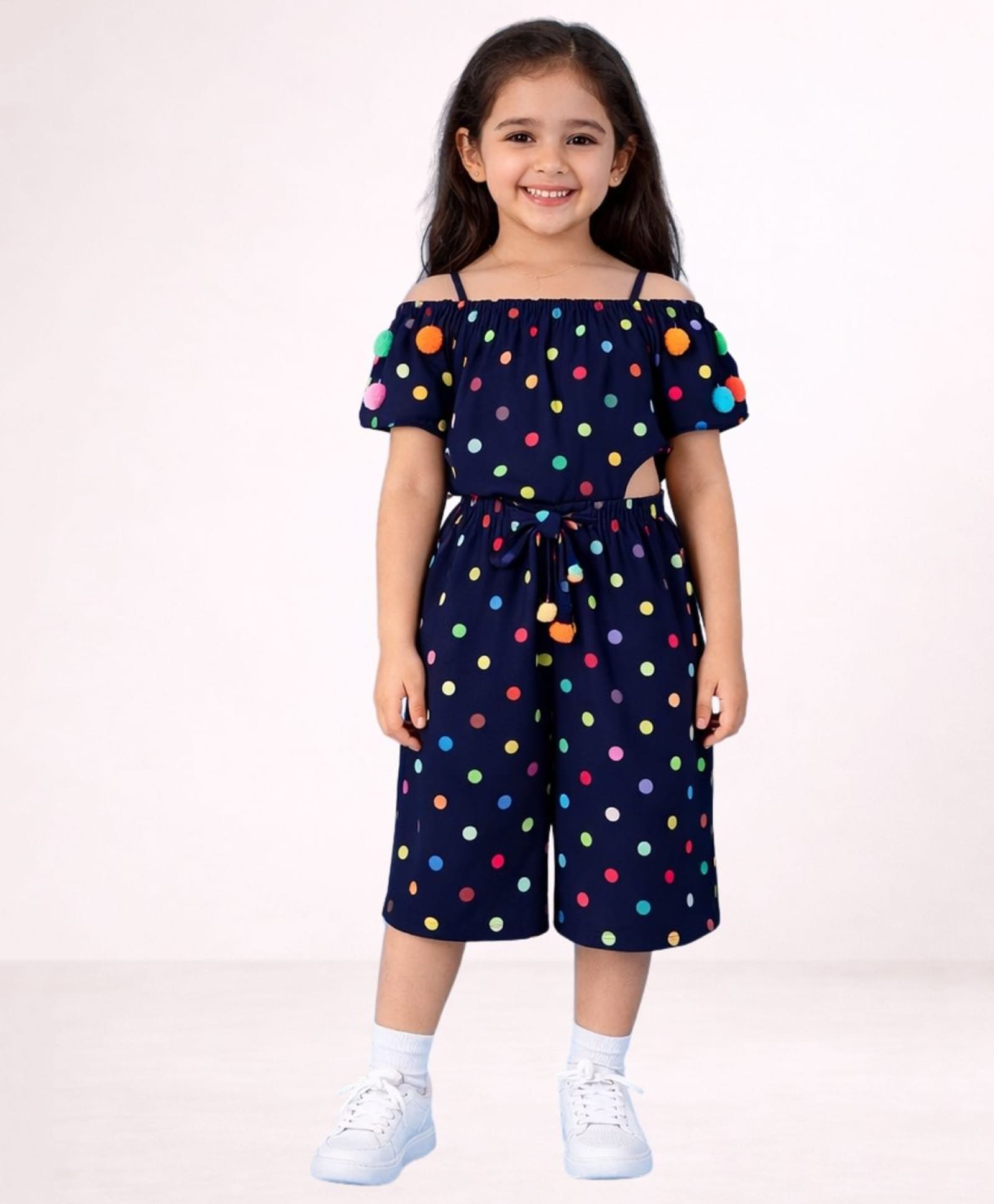 Lil' Drama Viscose Rayon Knit Half Sleeves Polka Dots Printed & Pom Pom Applique Detailed Jumpsuit - Navy Blue-picture-24