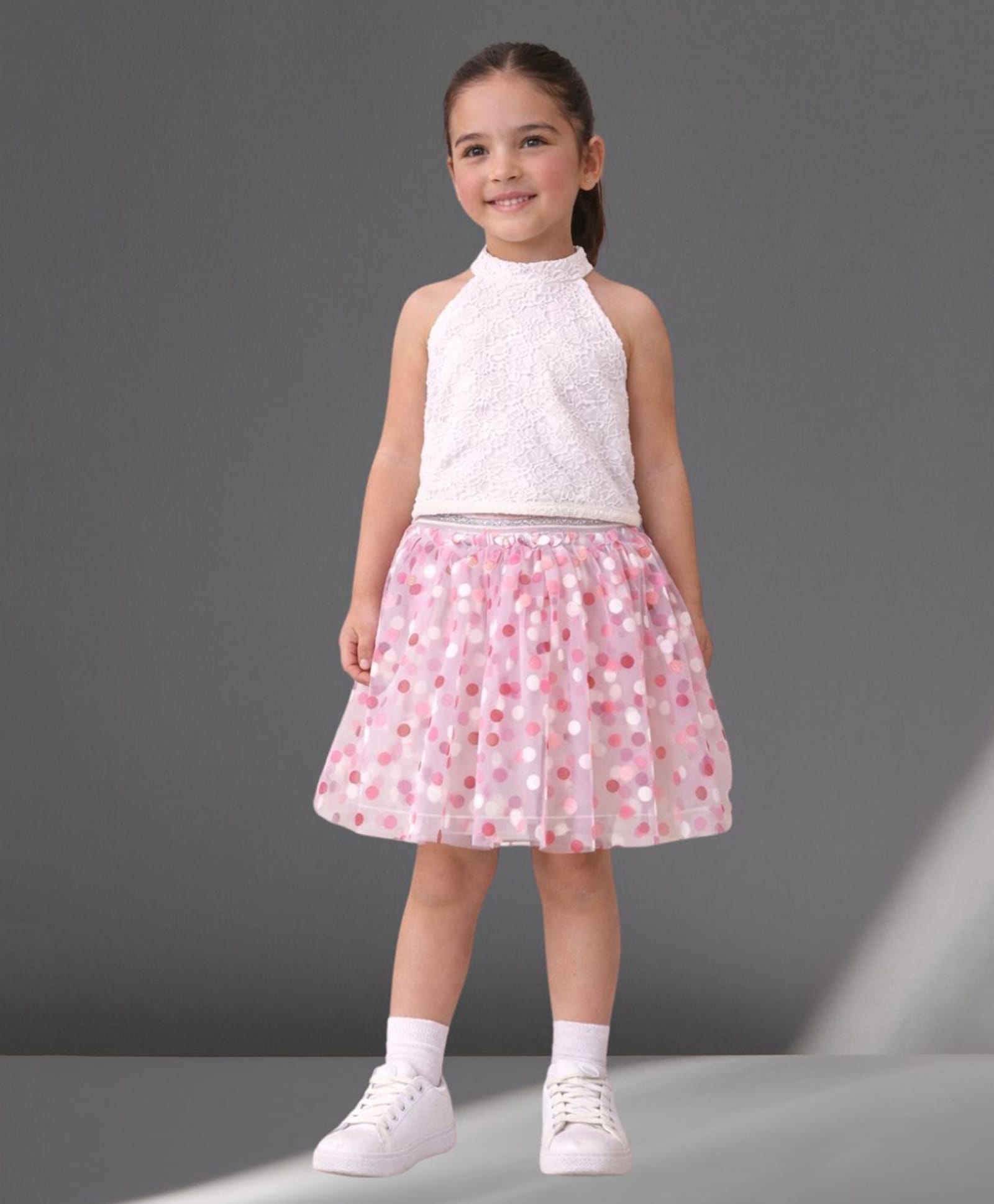 Lil' Drama Knit Sleeveless Floral Textured Top & Skirt Set - White & Pink-picture-22