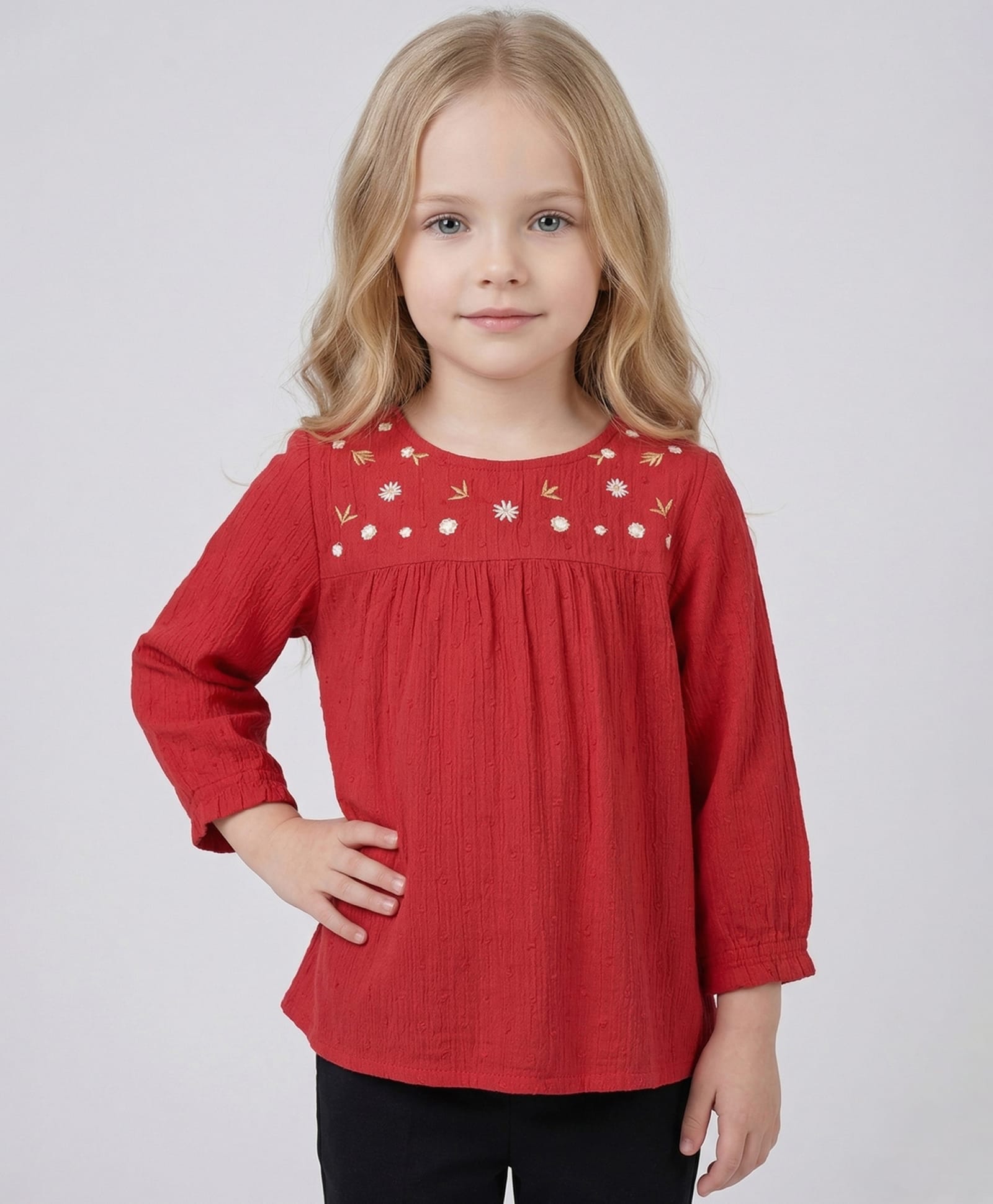 Creative Kids Viscose Rayon Woven Full Sleeves Floral Embroidered Top - Red-picture-17