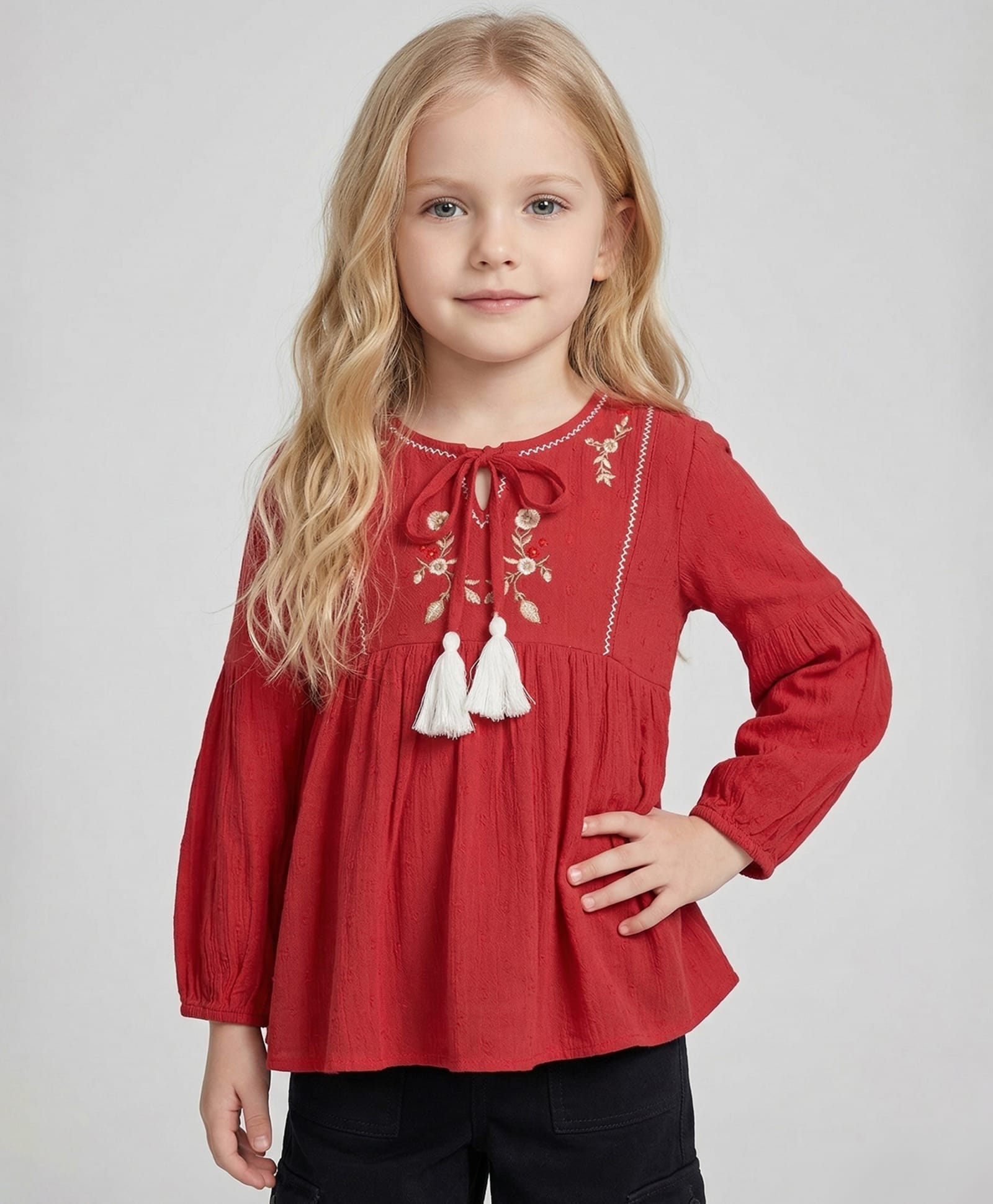Creative Kids Viscose Rayon Woven Full Sleeves Floral Embroidered Tie Up Detailed Top - Red-picture-2