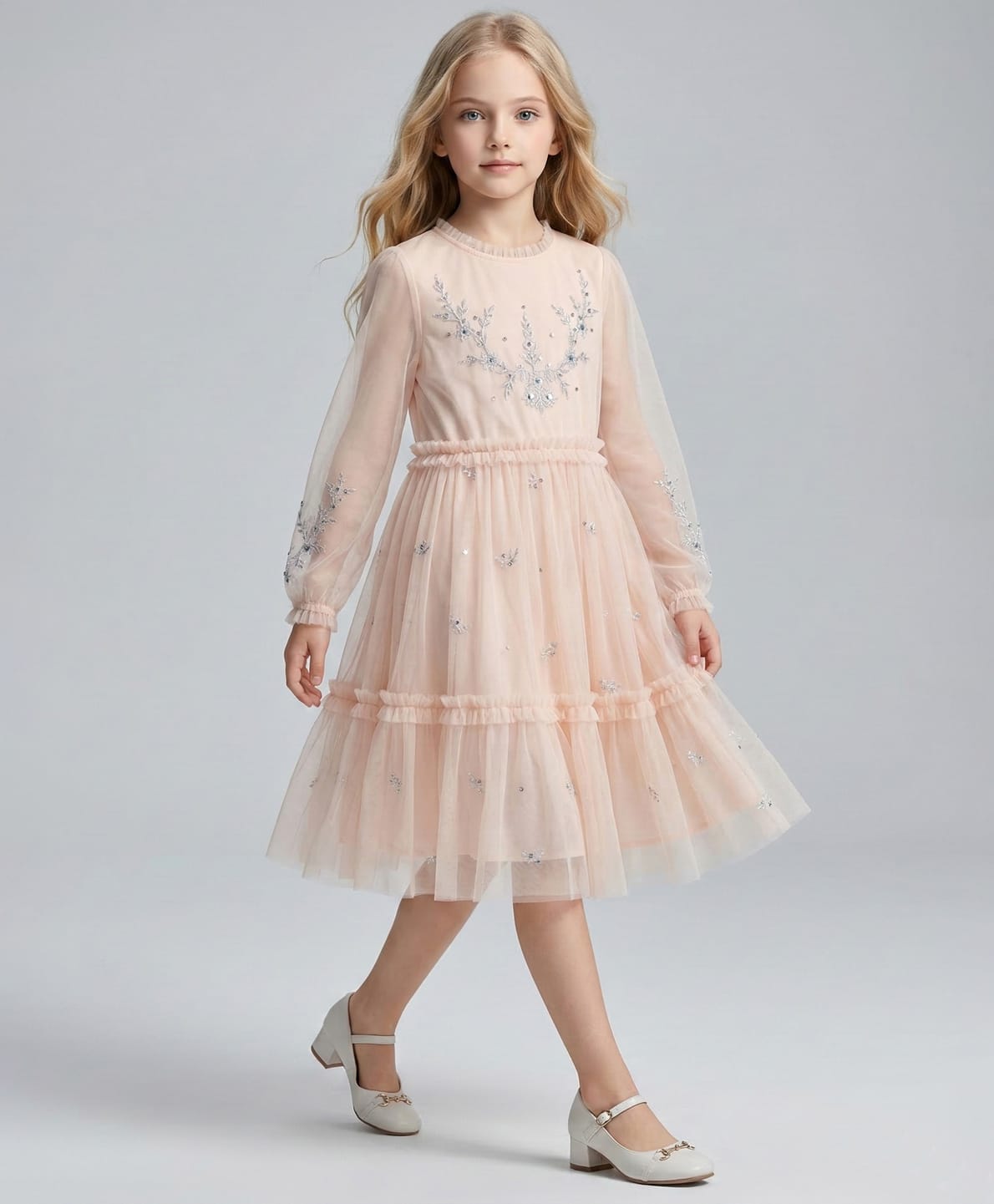 Creative Kids Net Woven Full Sleeves Stones Embellished Dress - Peach-picture-19