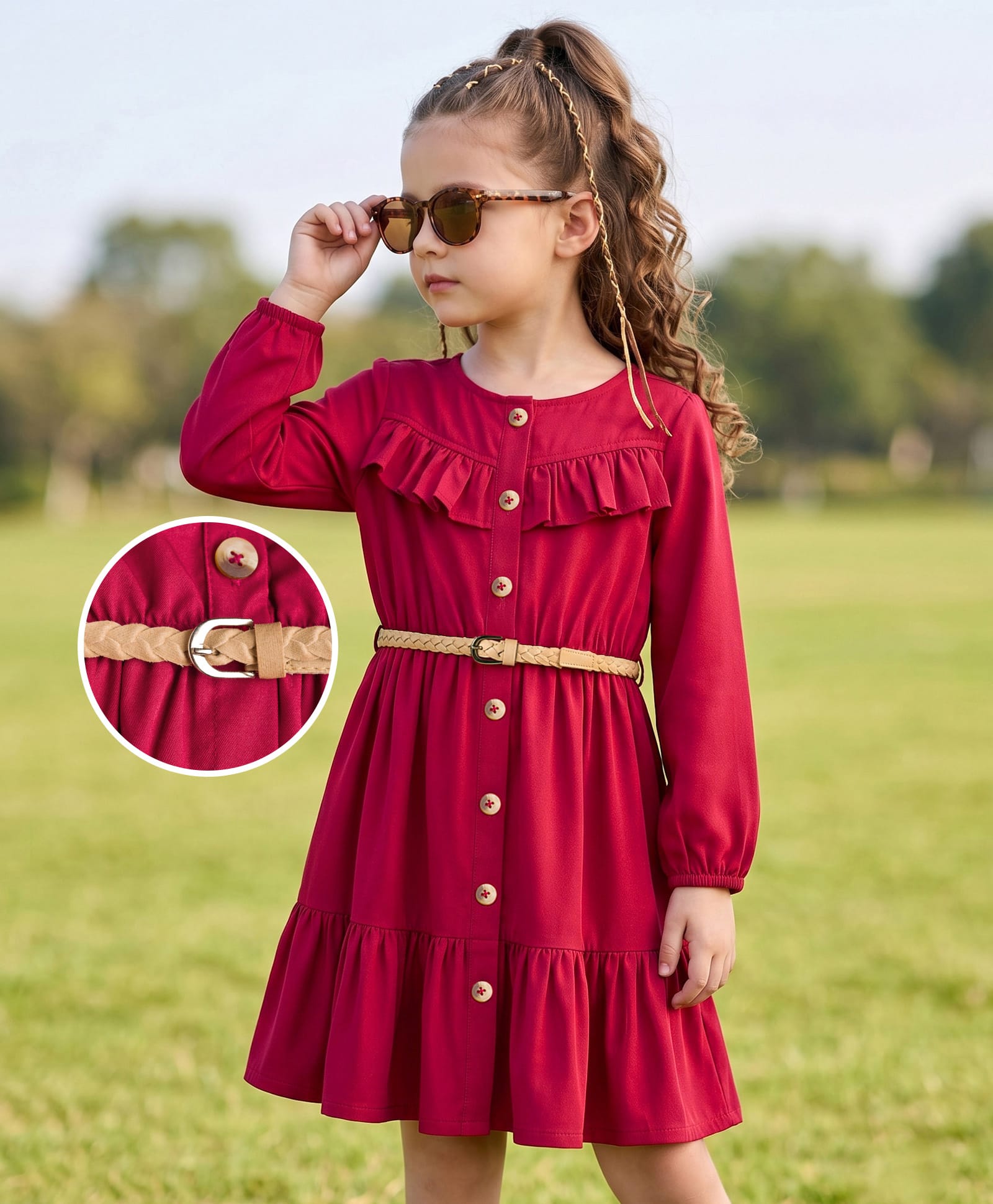 Hola Bonita Cotton Woven Full Sleeves Knee Length Solid Dress With Belt- Maroon-image-18