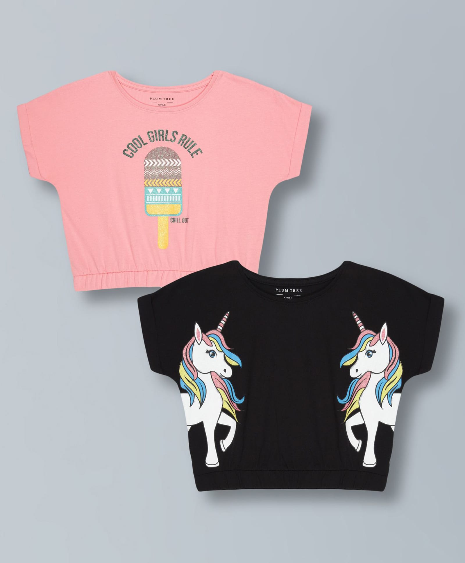 Plum Tree Cotton Knit Pack Of 2 Half Sleeves Unicorn & Ice Cream Printed Crop Tops - Pink & Black-picture-41