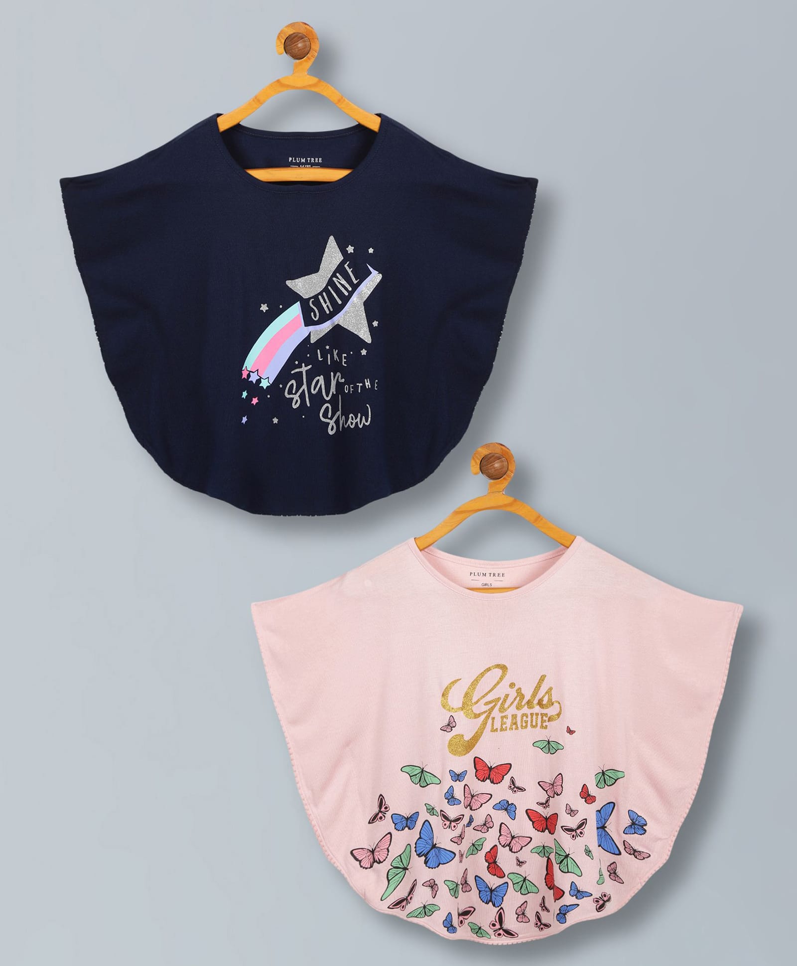 Plum Tree Cotton Knit Pack Of 2 Half Sleeves Shine Like Star Of The Show Text & Butterfly Glitter Printed Poncho Tops - Navy Blue & Pink-image-39