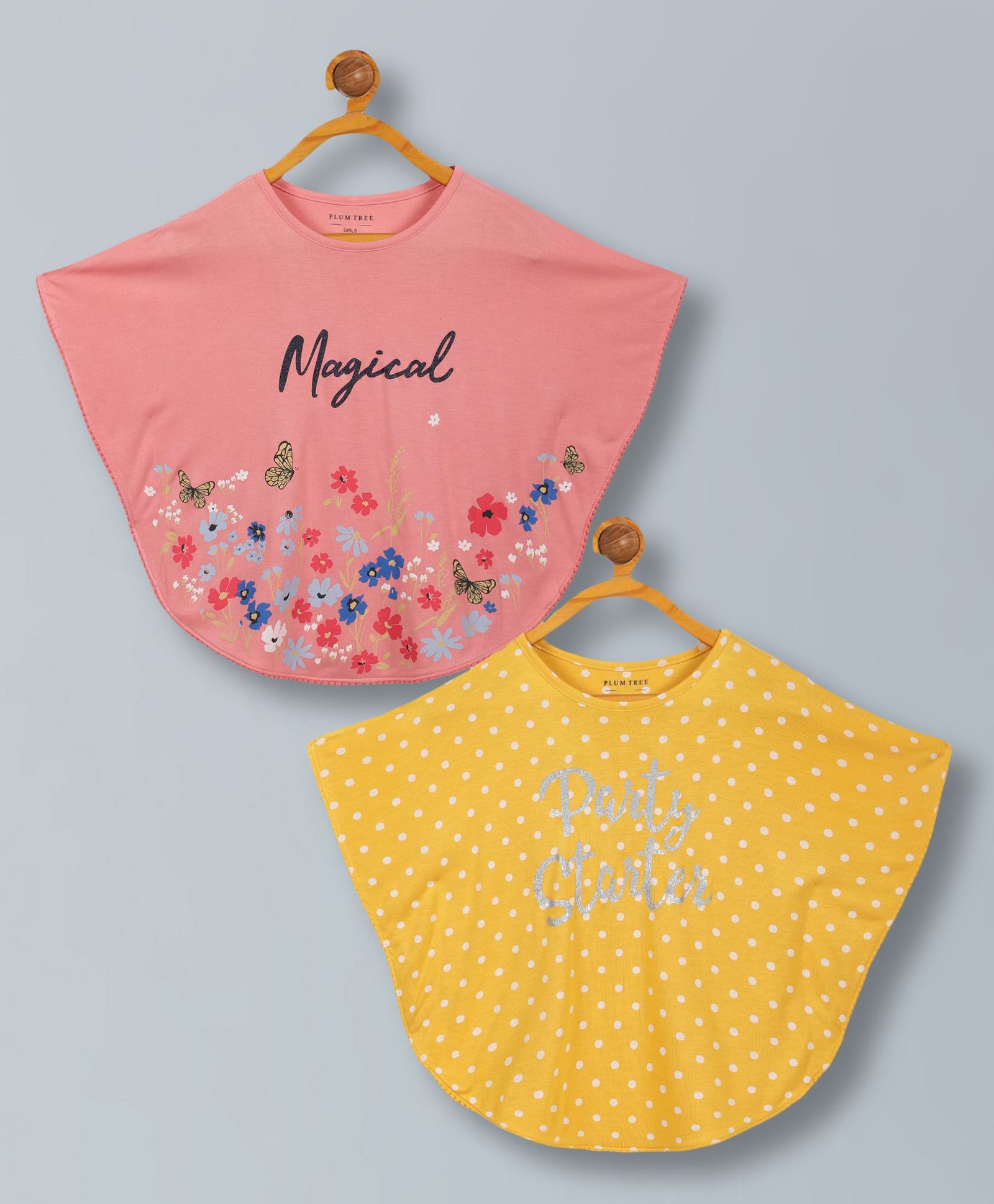 Plum Tree Cotton Knit Pack Of 2 Half Sleeves Magical & Party Starter Text Printed Poncho Tops - Coral & Yellow-picture-18