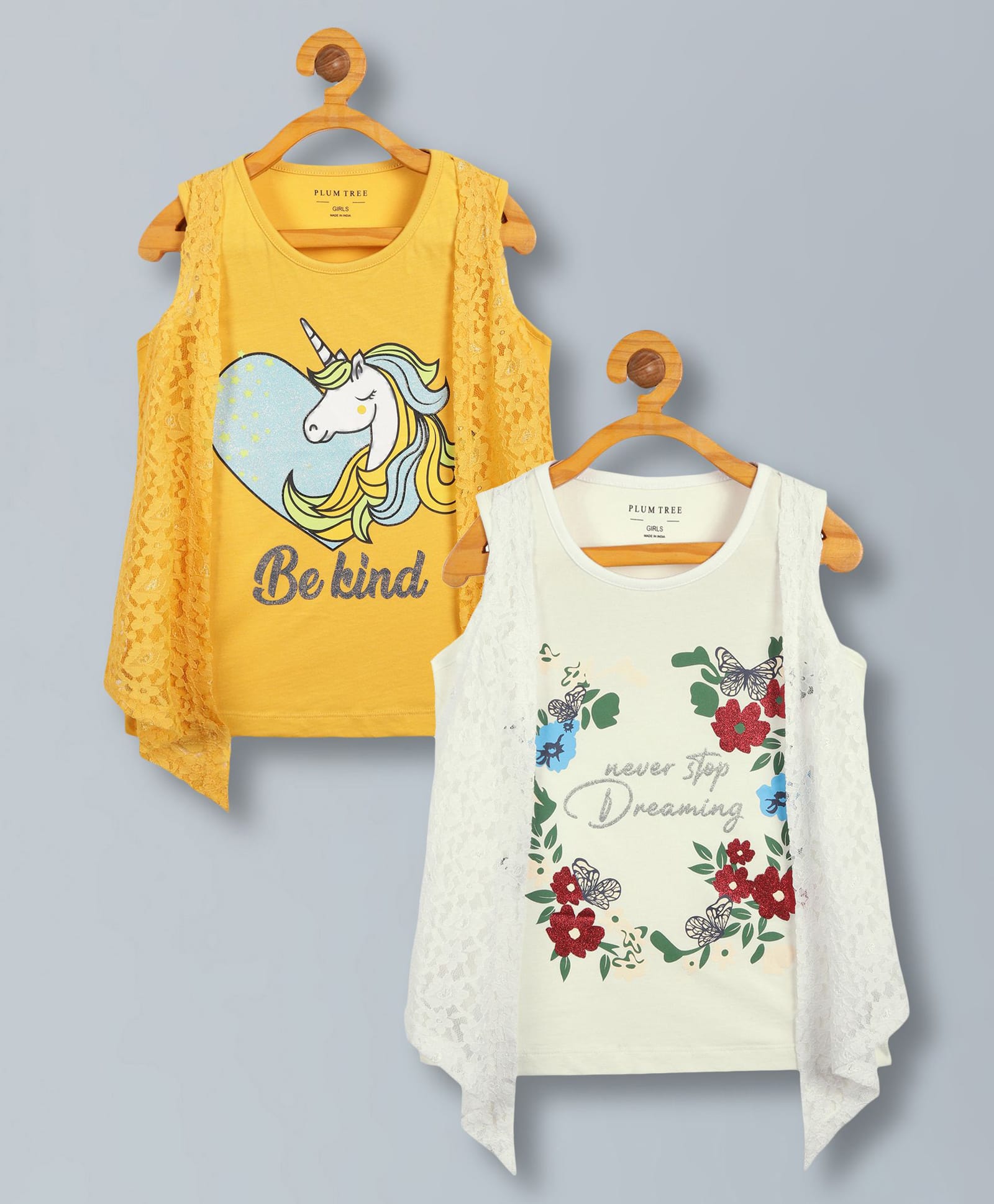 Plum Tree Pure Cotton Knit Pack Of 2 Sleeveless Unicorn & Floral Printed Top With Attached Shrug - Yellow & White-picture-30