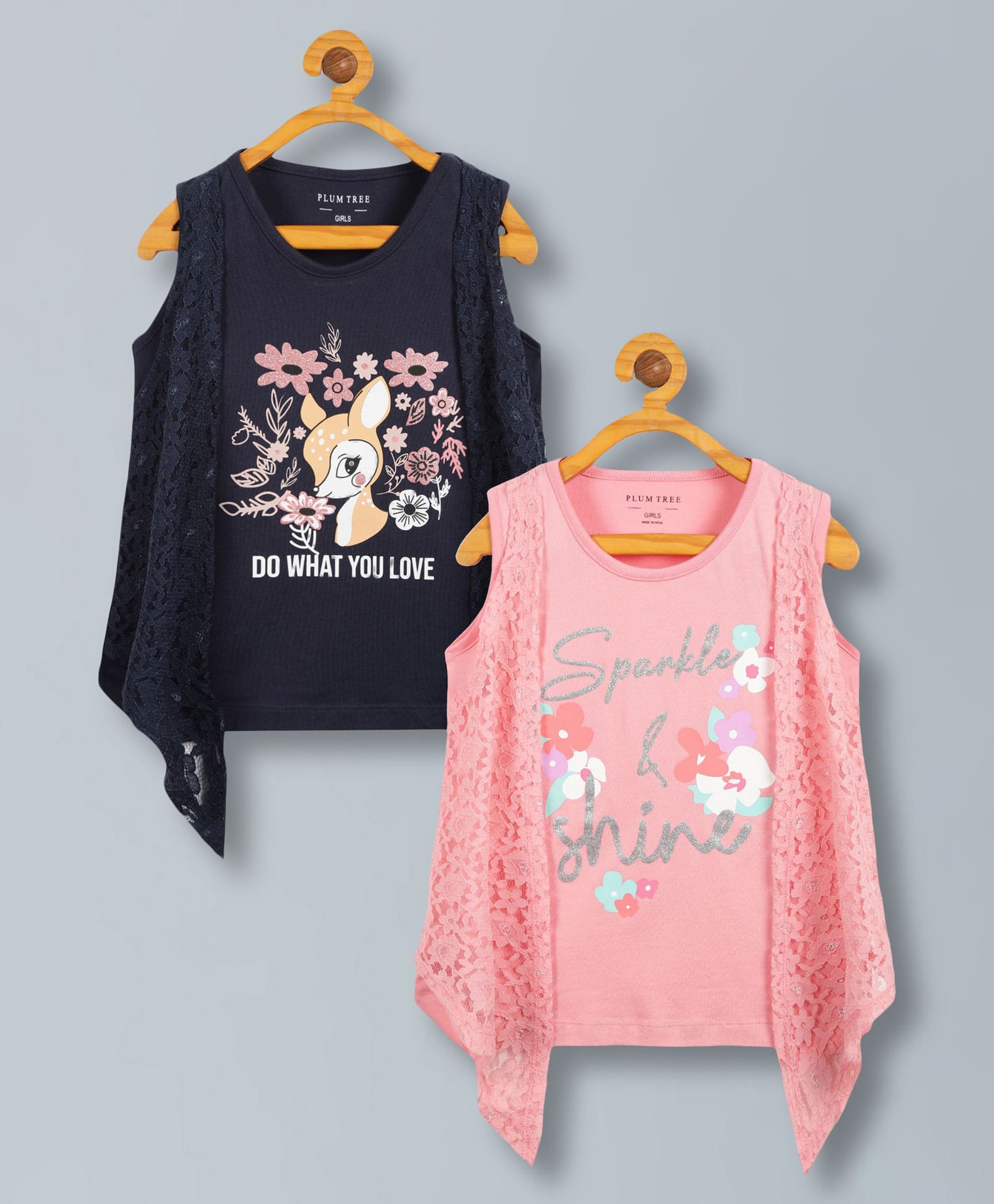 Plum Tree Cotton Knit Pack Of 2 Sleeveless Floral & Sparkle Text Glitter Printed With Attached Shrugs - Pink & Navy Blue-image-41
