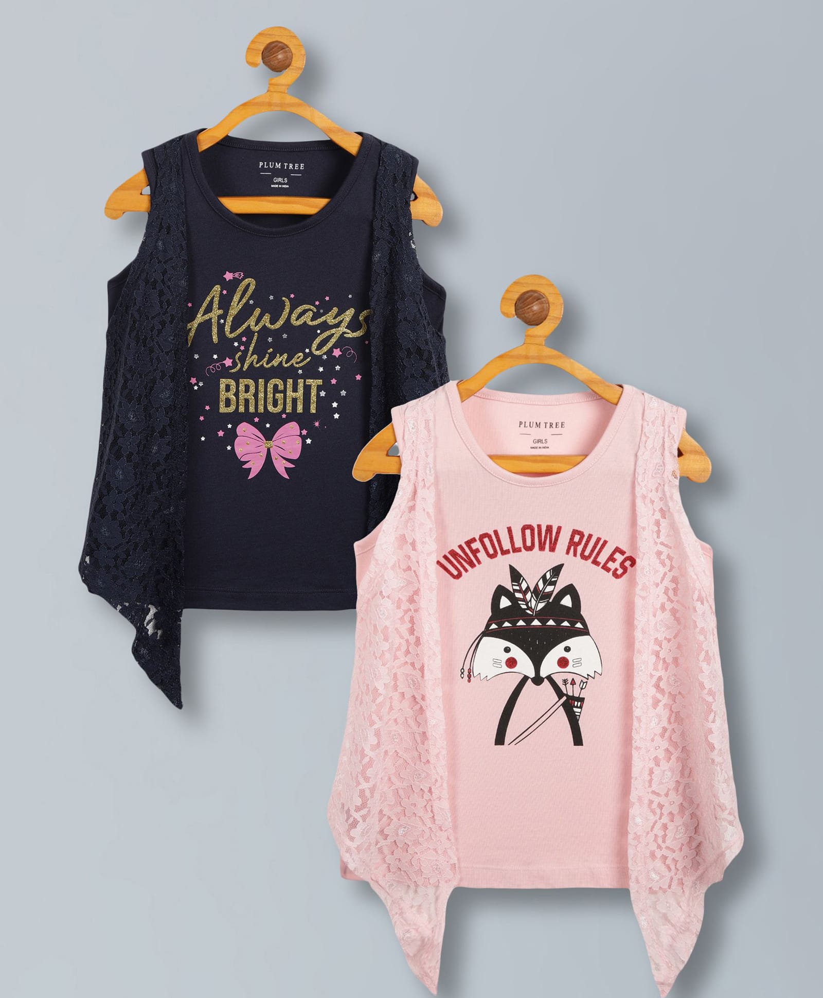 Plum Tree Pure Cotton Knit Pack Of 2 Sleeveless Fox & Always Shine Bright Text Glitter Printed Tops With Attached Shrugs - Pink & Navy Blue-picture-29