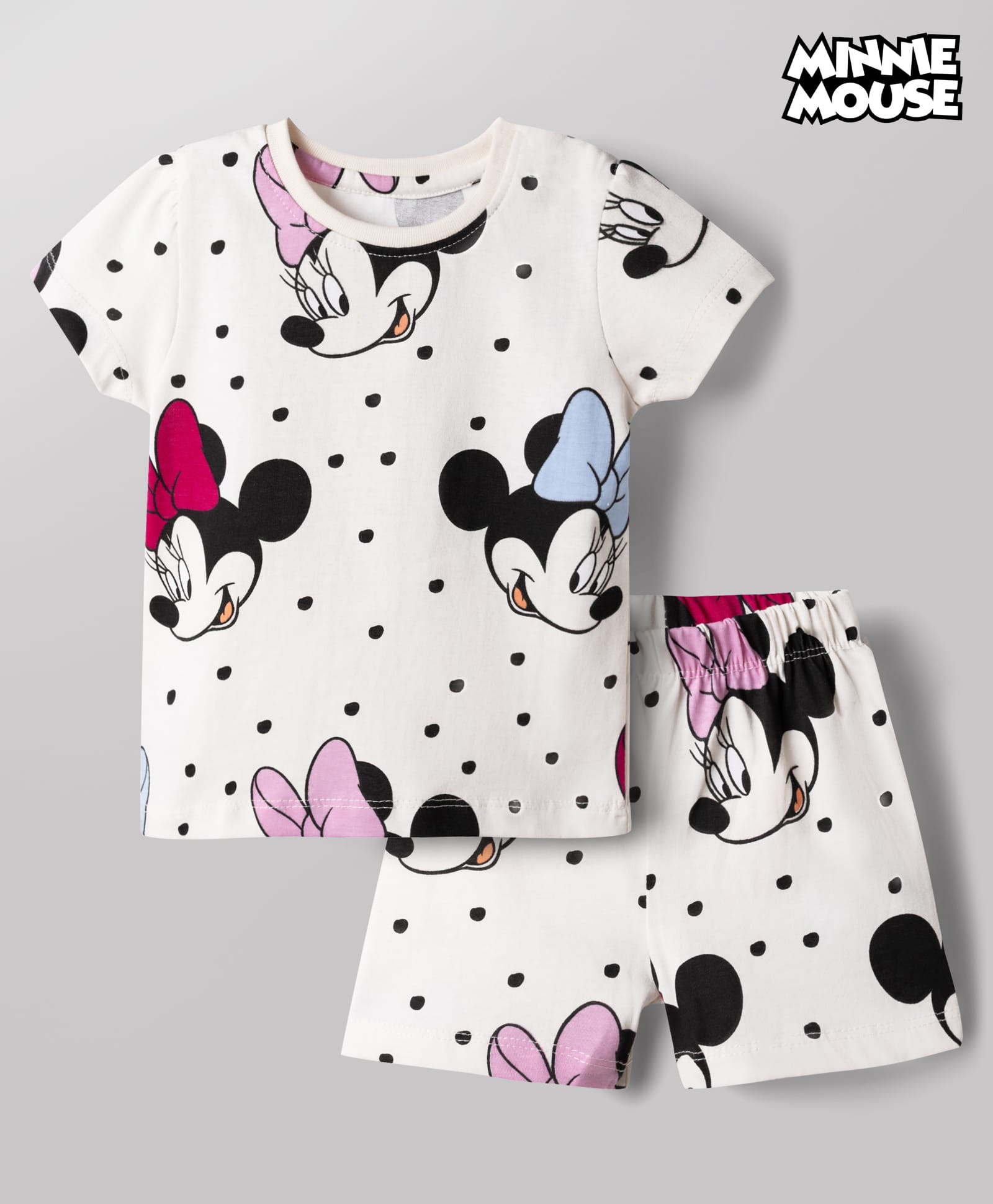 Babyhug Disney 100% Cotton Knit Half Sleeves Co-Ords T-Shirt & Shorts Night Suit With Minnie Mouse Graphic - White-image-10