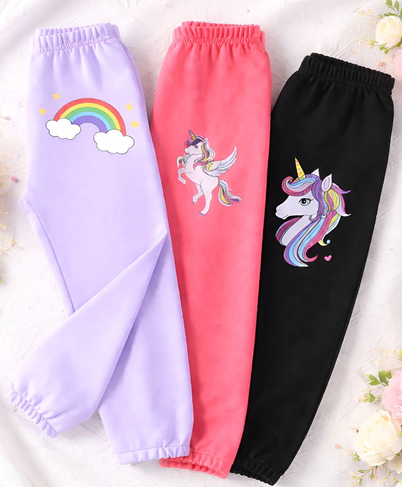 Googo Gaaga Cotton Knit Pack Of 3 Rainbow & Unicorn Printed Joggers - Lavender Pink & Black-picture-12