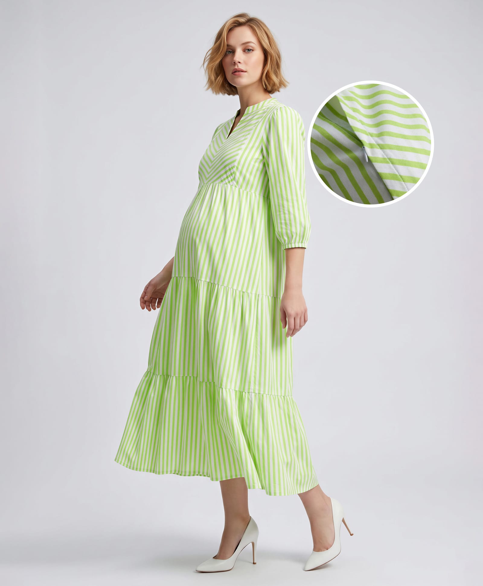 Bella Mama 100% Cotton Woven Three Forth Sleeves Striped Tiered Maternity Dress - Green-picture-49