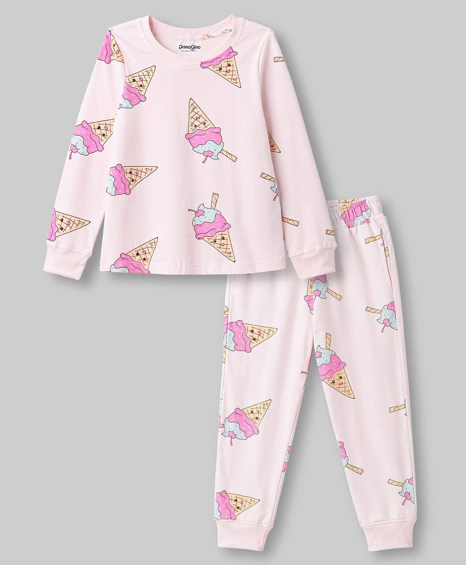 Primo Gino Cotton Knit Full Sleeves Co-Ords T-Shirt & Pajama Night Suit With Icecream Print - Pink-picture-32