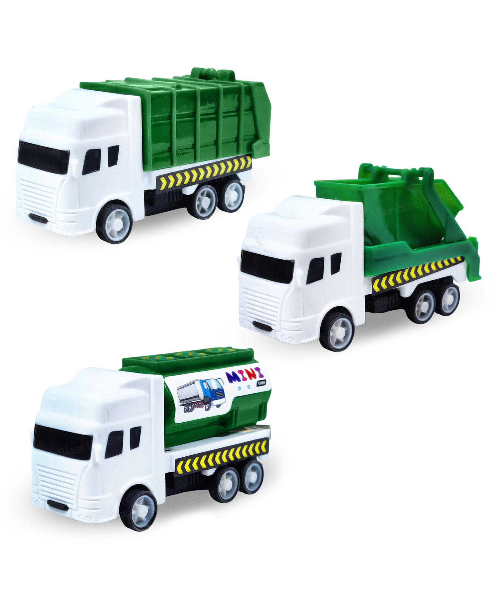 FunBlast Push & Go Truck Toys - 3 Pcs Mini Garbage Truck for Kids - (Green)-picture-34