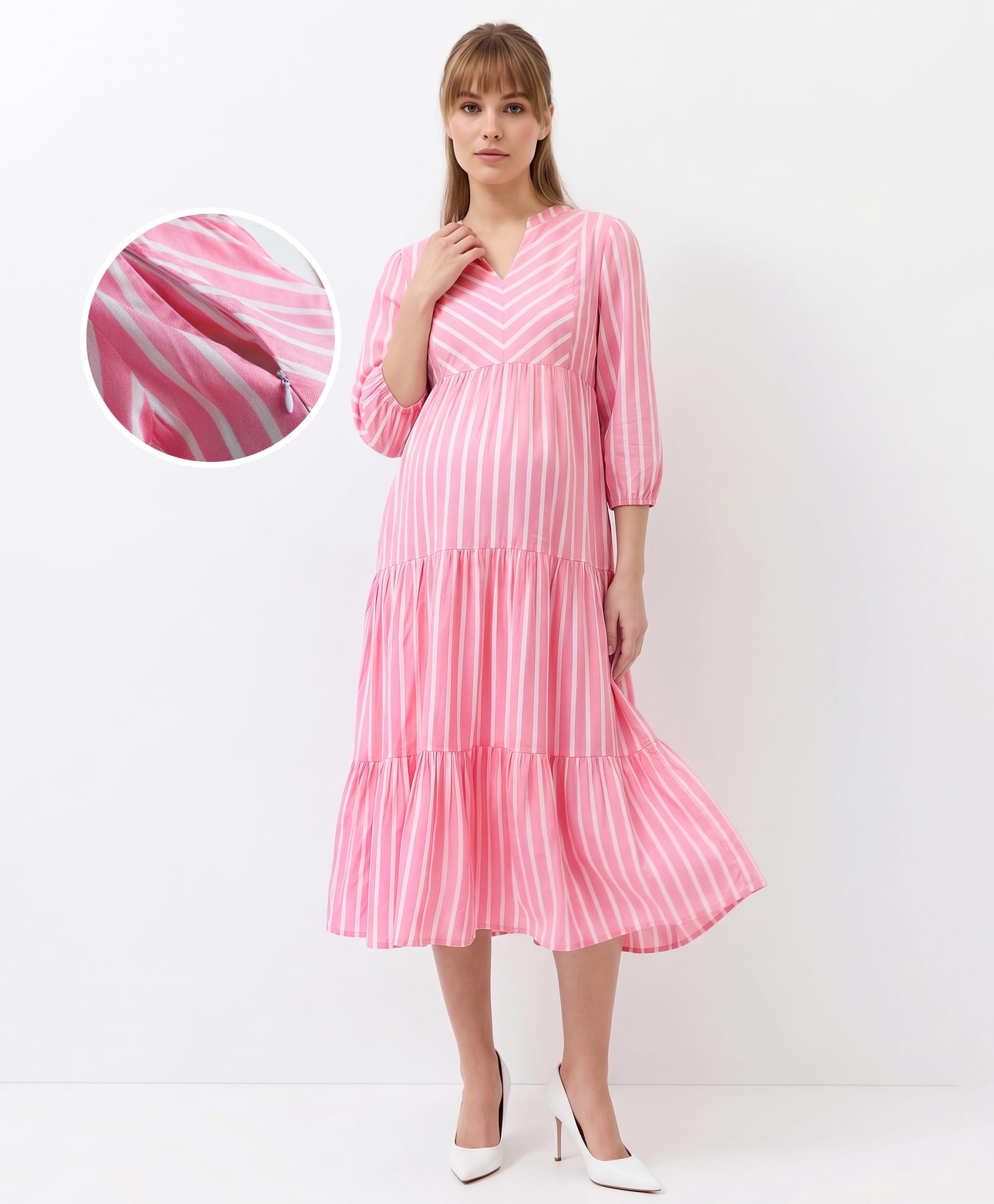 Bella Mama Woven Three Forth Sleeves Striped & Tiered Maternity Dress - Pink-image-7