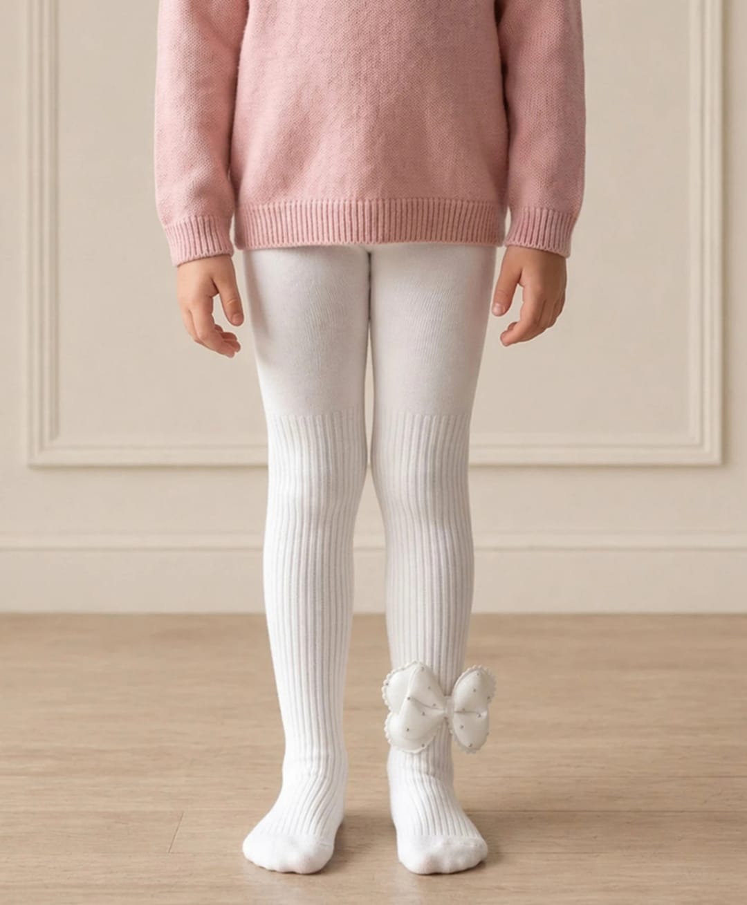 The little lookers Cotton Knit Bow Applique Detailed Tights - White-picture-15