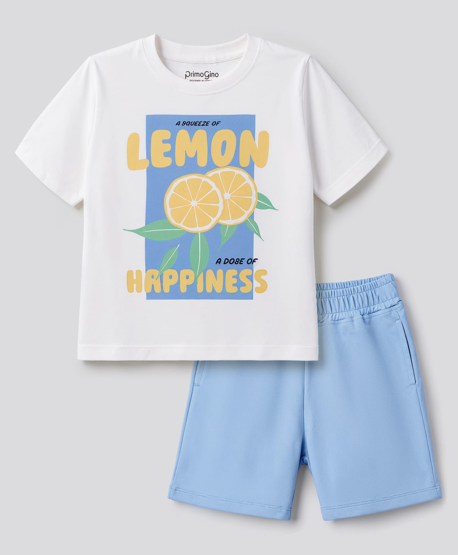 Primo Gino Cotton Knit Half Sleeves T-Shirt & Shorts Night Suit with Tropical Theme Print - White & Blue-image-28