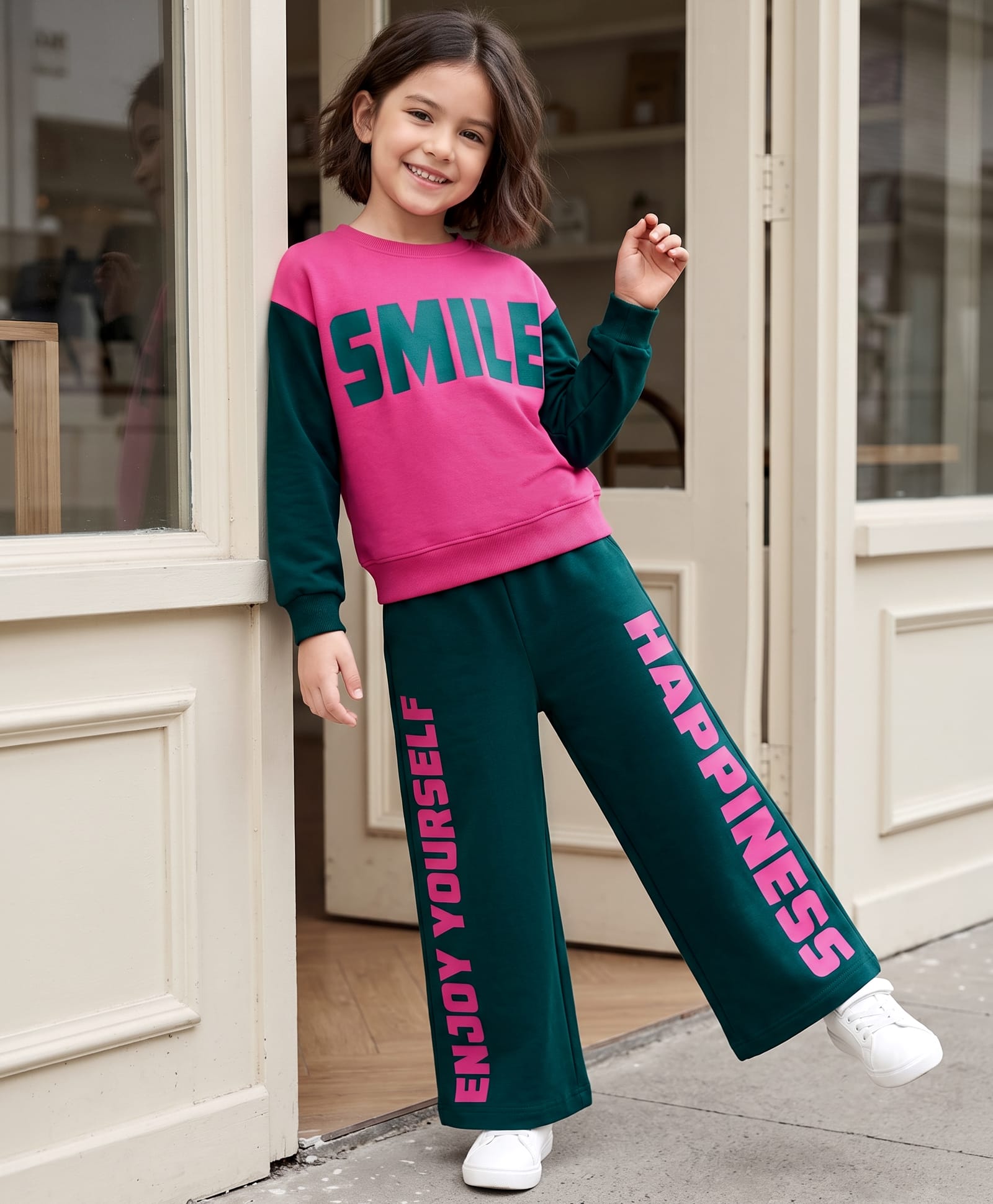 OLLINGTON ST. Looper Knit Printed Full Drop Shoulder Sleeves Text Printed Winter Wear Sweatshirt & Pant Set - Teal Blue & Pink-picture-22