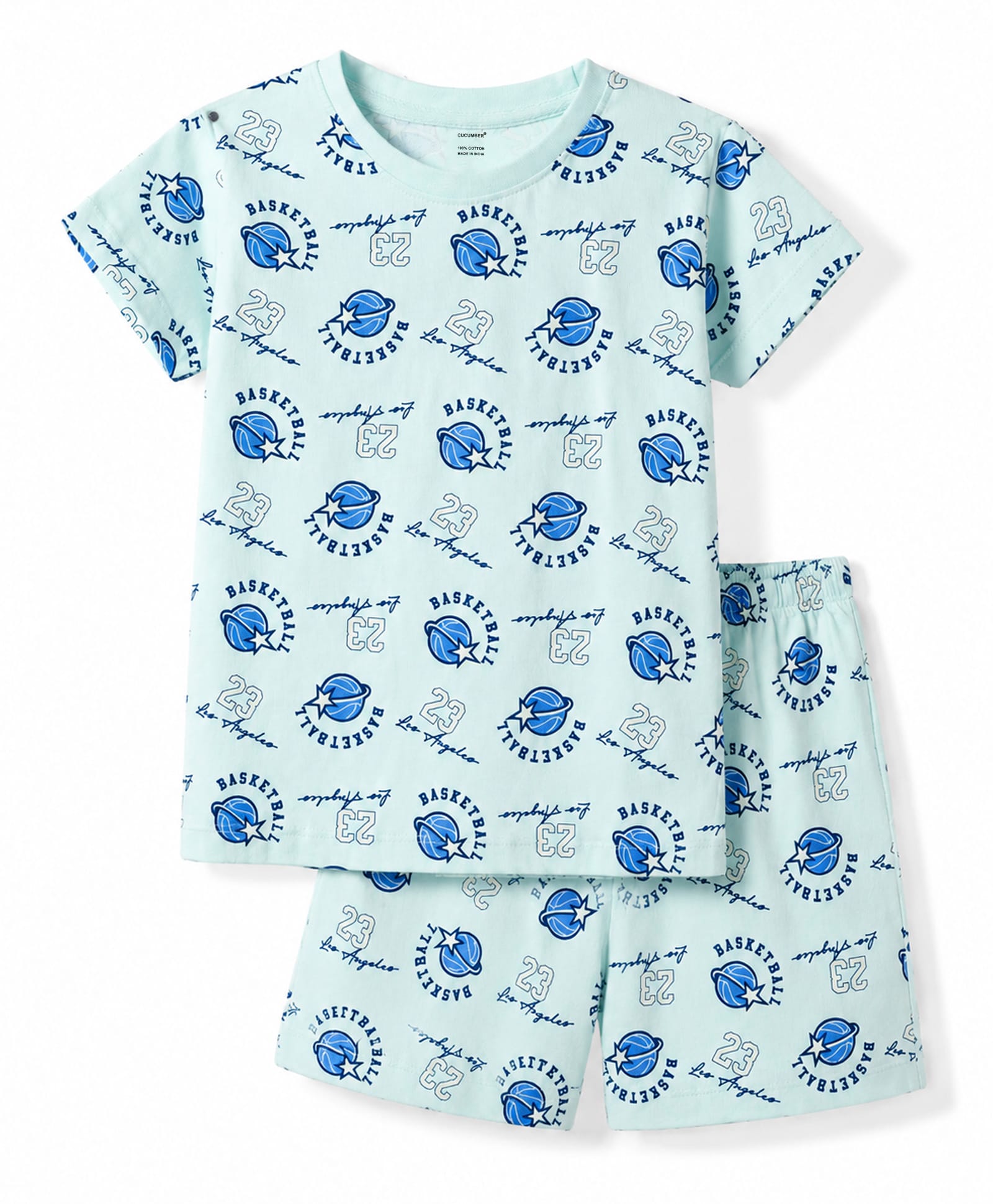 CUCUMBER Sinker Knit Half Sleeves Basketball Printed Co-Ords T-Shirt & Shorts Night Suit - Sea Green-picture-17