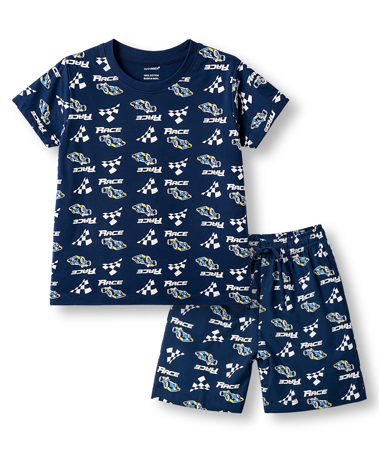 CUCUMBER Sinker Knit Half Sleeves T-Shirt & Shorts Co Ord Night Suit Race Car Print - Navy Blue-image-39