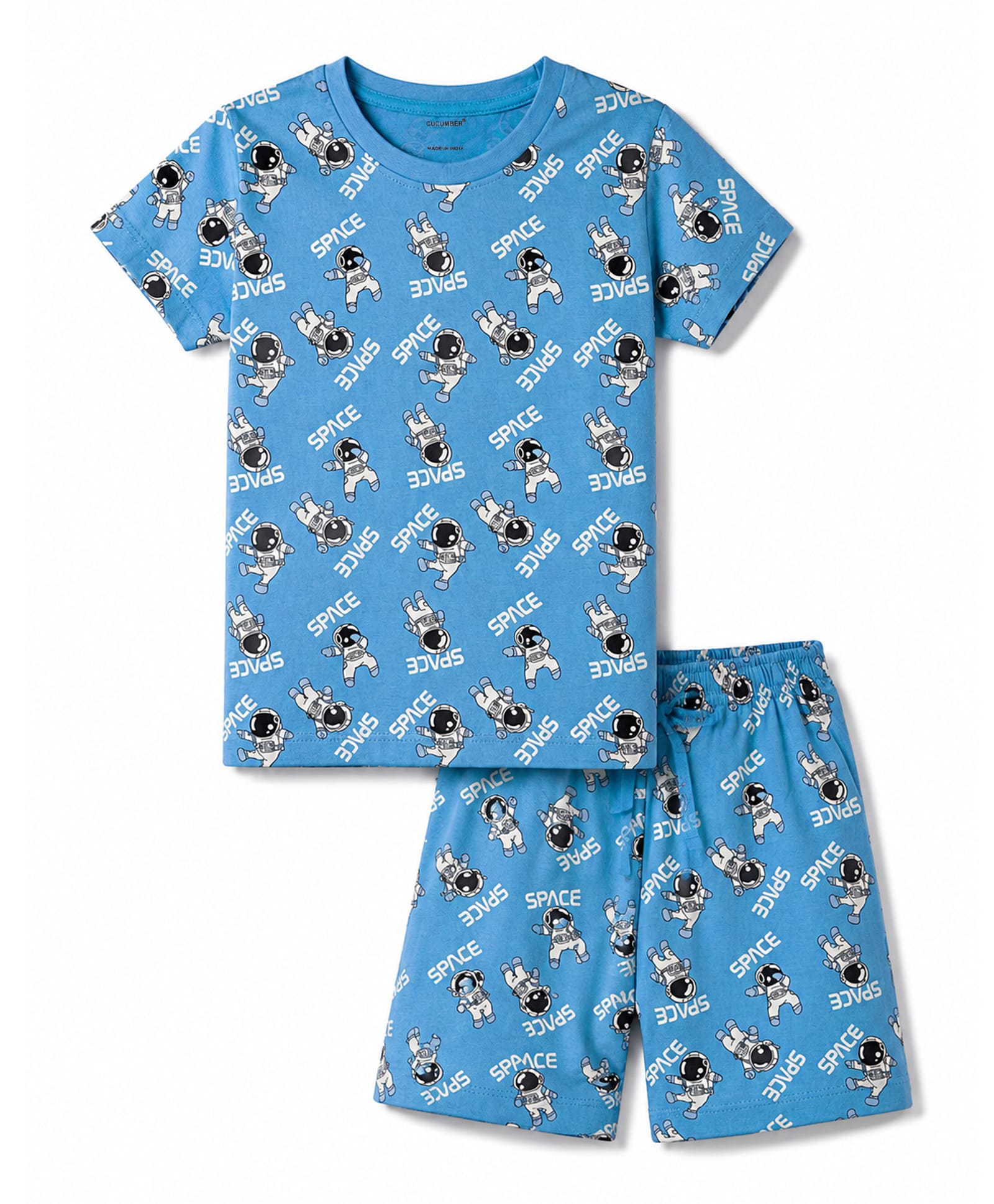CUCUMBER Sinker Knit Half Sleeves Astronaut Printed Co-Ords T-Shirt & Shorts Night Suit - Blue-picture-9