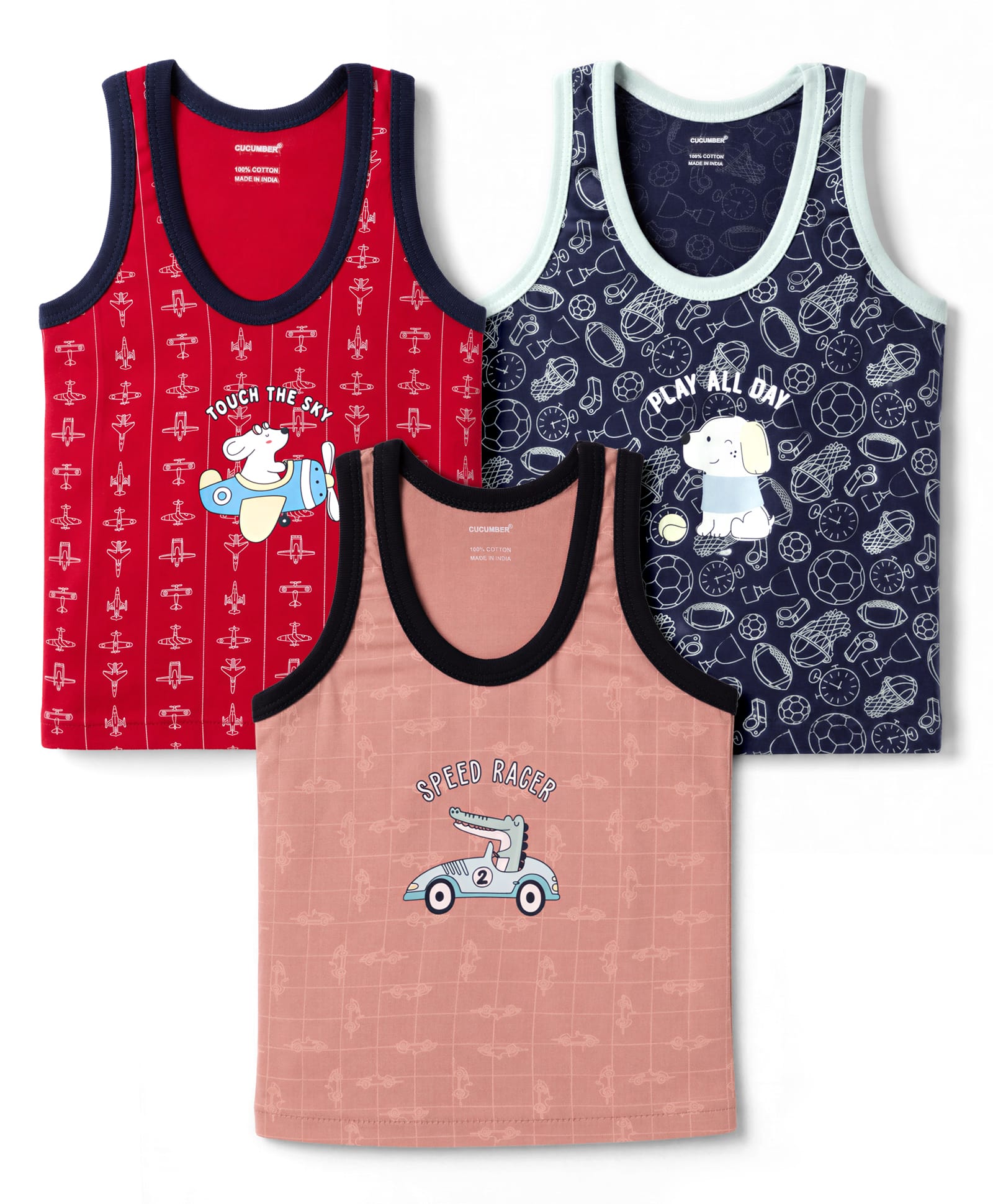 CUCUMBER Sinker Knit Sleeveless Vest with Doggo & Dino Print Pack of 3 - Red & Navy-picture-13