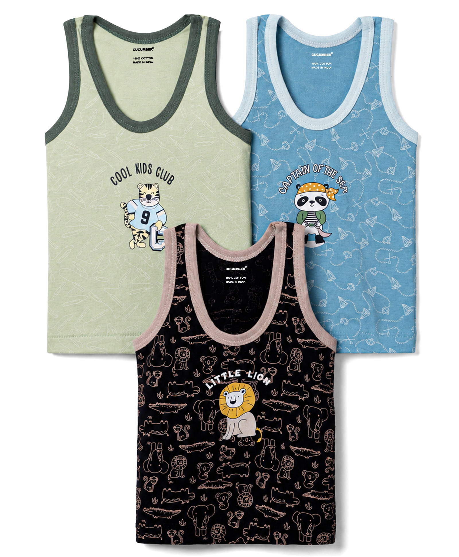 CUCUMBER Sinker Knit Sleeveless Vest with Animals Print Pack of 3 - Blue Black & Green-picture-20