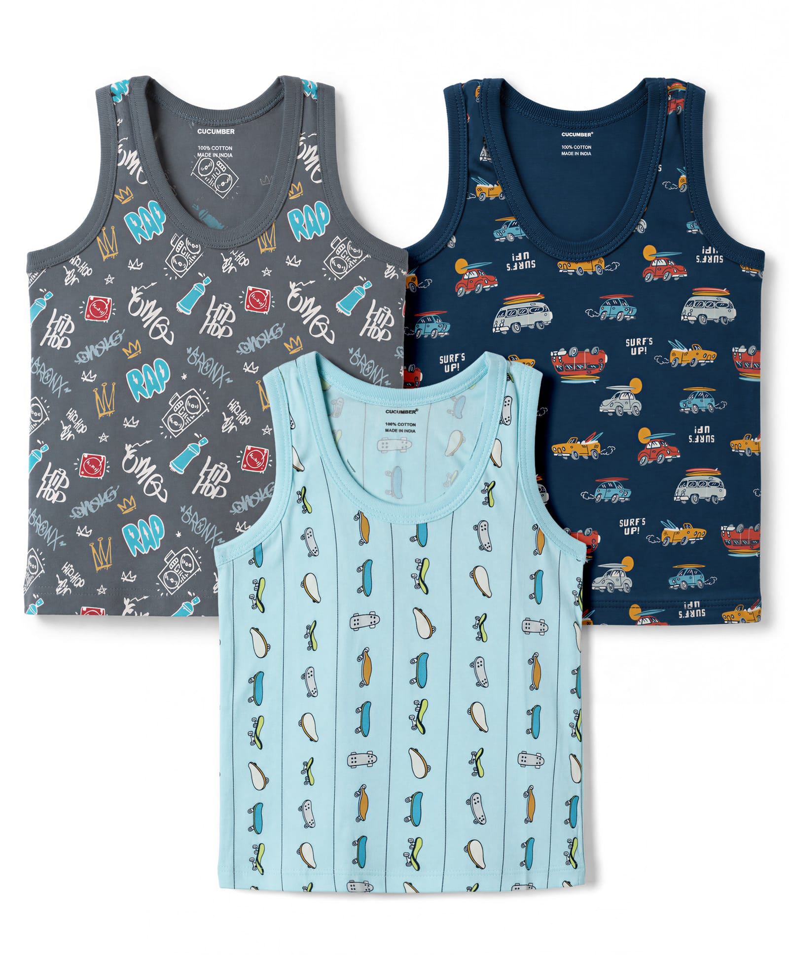 CUCUMBER Sinker Knit Sleeveless Vest with Car & Skating Print Pack of 3 - Grey & Navy Blue-picture-10