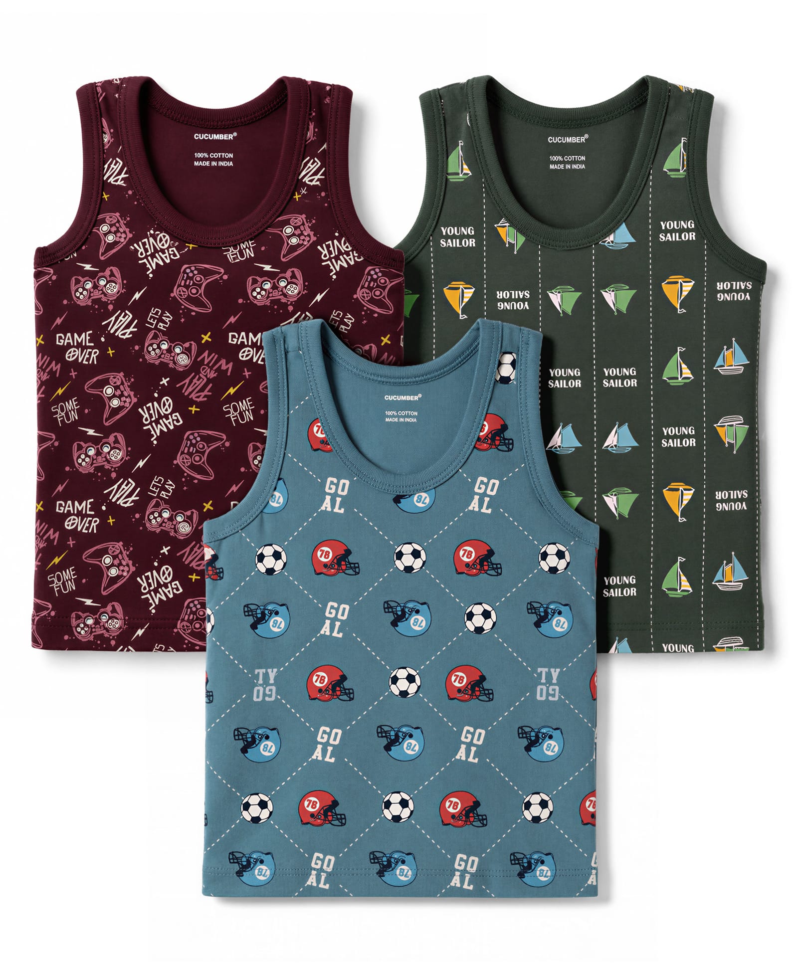 CUCUMBER Sinker Knit Sleeveless Vest with Boat Print Pack of 3 - Grey & Navy Blue-picture-35