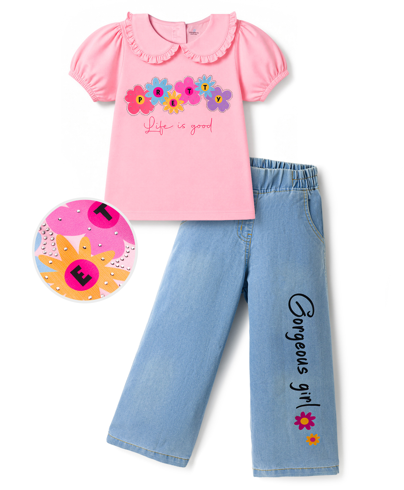 Ollington St.Cotton Sinker Knit Half Sleeves Top With Floral Print & Stretchable Denim Culottes - Pink & Indigo-image-32