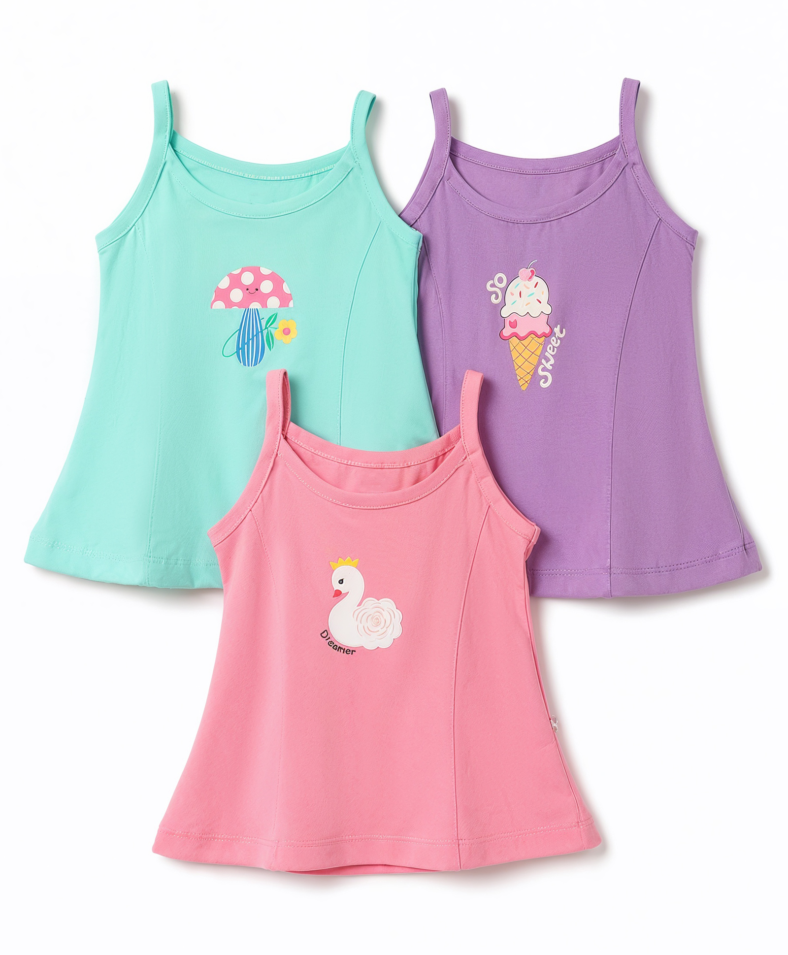 CUCUMBER Sinker Knit Sleeveless Slips with Floral & Bird Print Pack of 3 - Deep Pink, Aqua, Violet-image-44