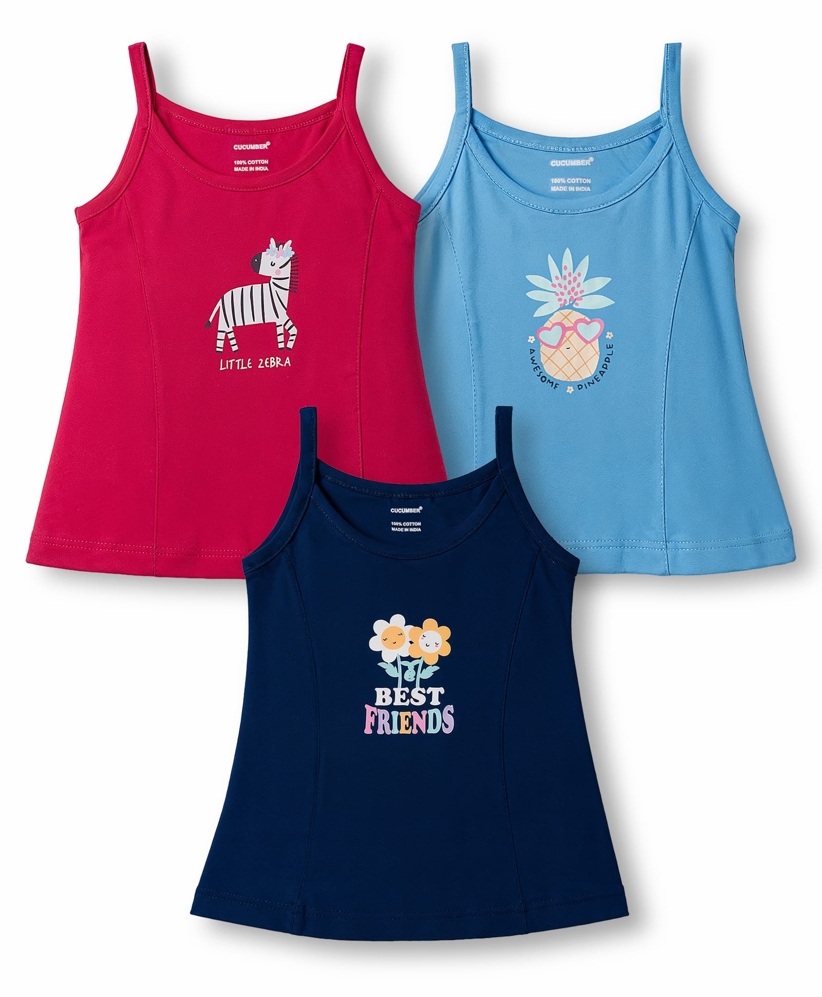CUCUMBER Sinker Knit Sleeveless Slips with Floral & Animal Print Pack of 3 - Dark Red & Blue-image-43