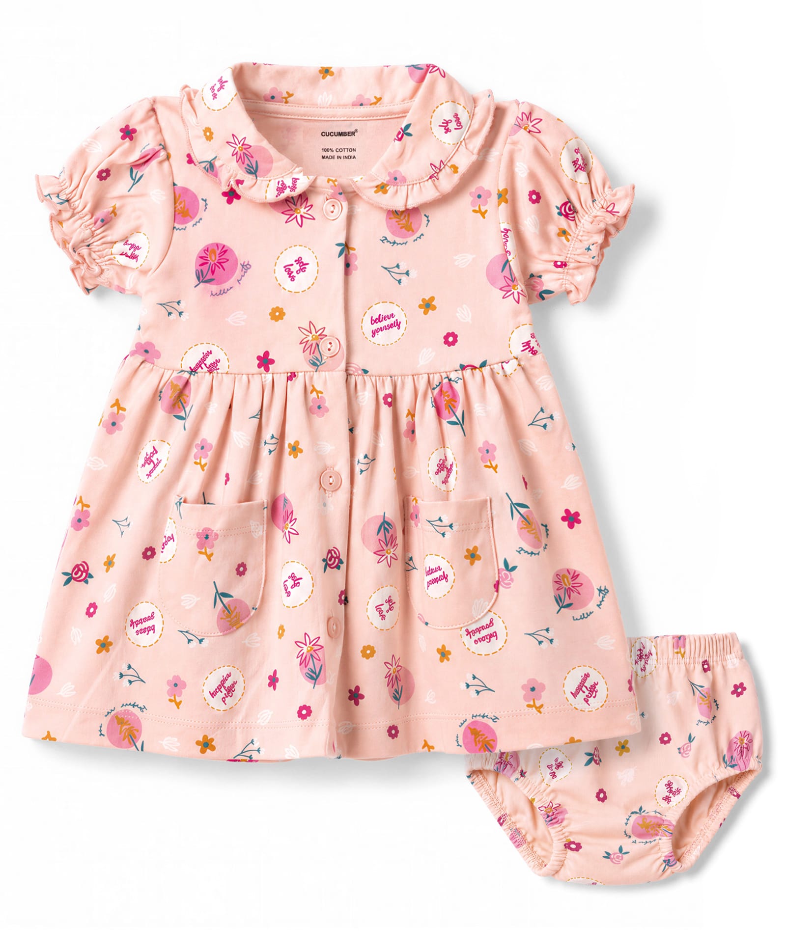 CUCUMBER Sinker Knit Half Sleeves Floral Printed Frock With Bloomer - Light Pink-image-28